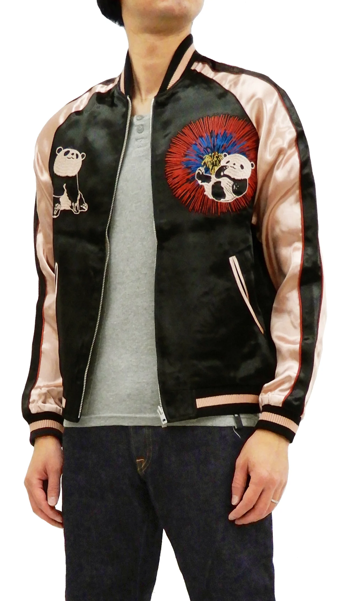 Japanesque Men's Japanese Souvenir Jacket Panda and Fireworks Sukajan 3RSJ-039 Black/Pink - Image 4