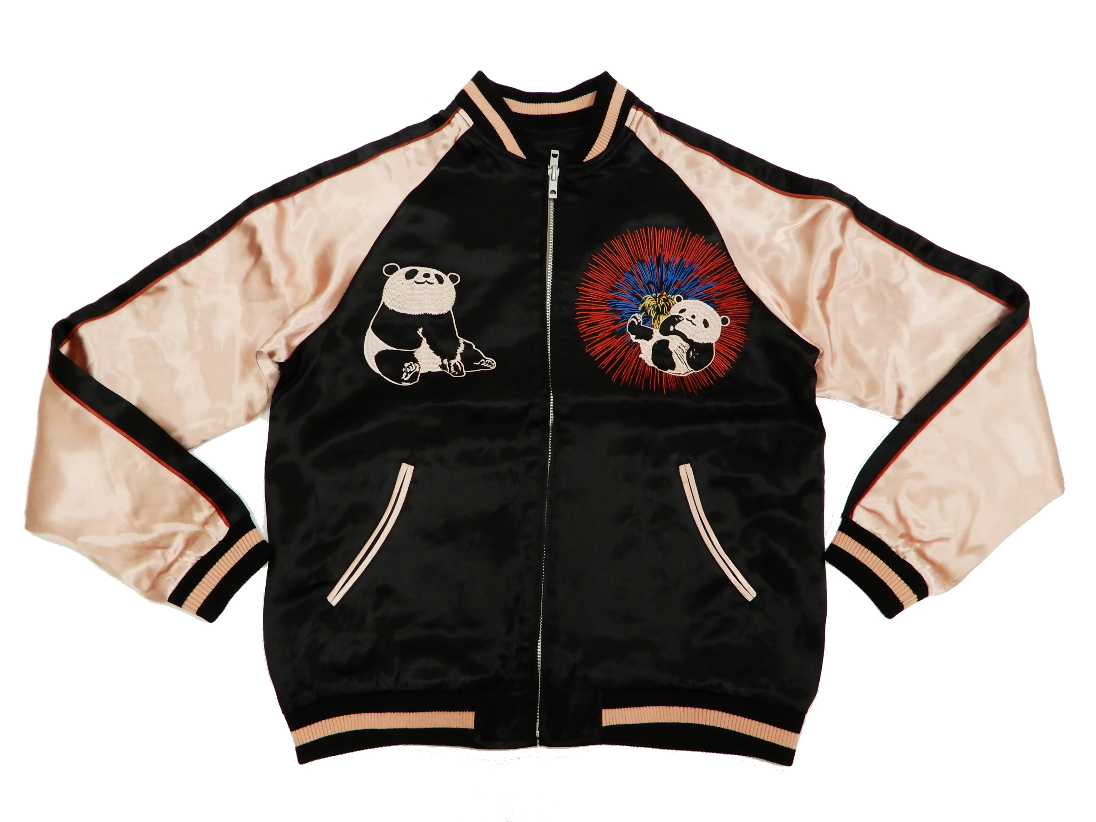 Japanesque Men's Japanese Souvenir Jacket Panda and Fireworks Sukajan 3RSJ-039 Black/Pink - Image 9