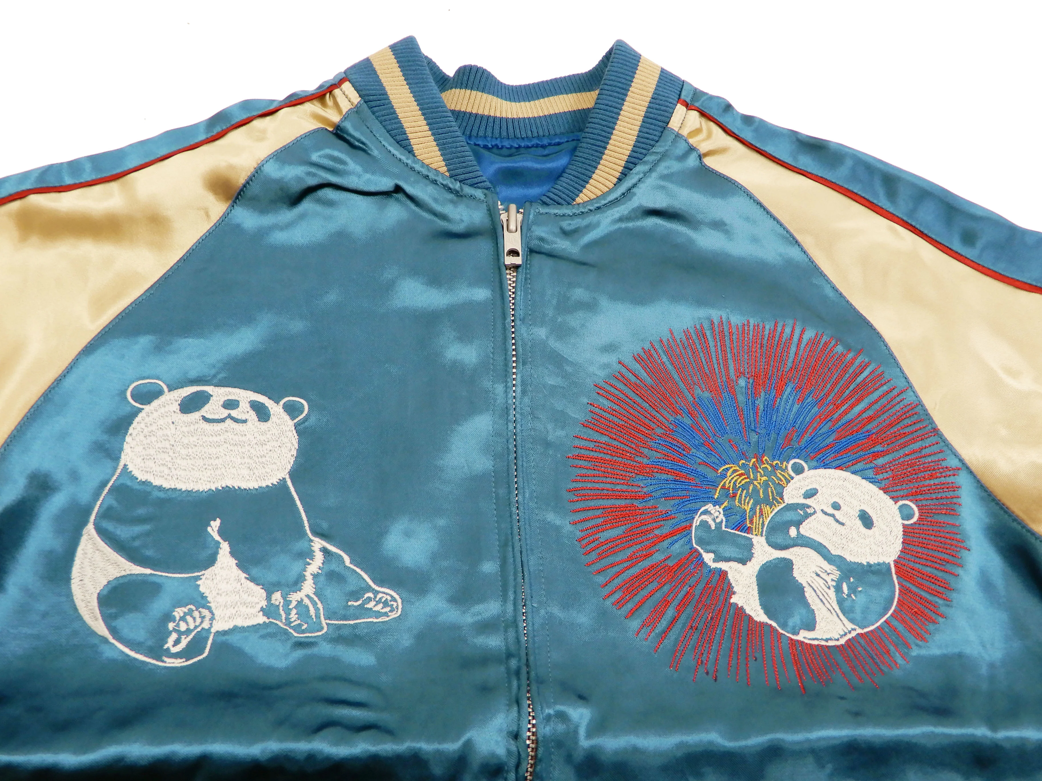Japanesque Men's Japanese Souvenir Jacket Panda and Fireworks Sukajan 3RSJ-039 Blue/Beige - Image 10