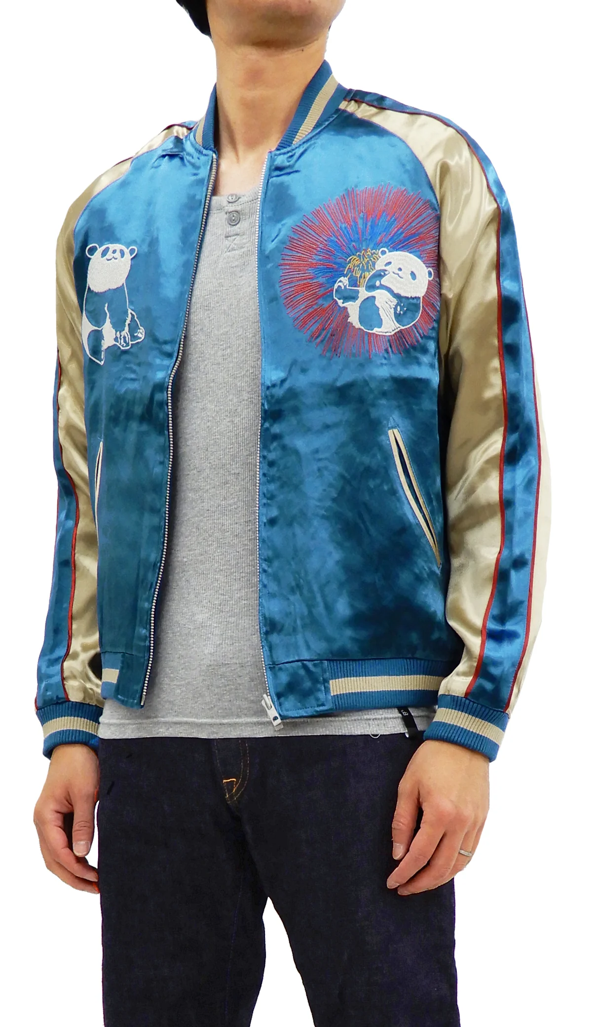 Japanesque Men's Japanese Souvenir Jacket Panda and Fireworks Sukajan 3RSJ-039 Blue/Beige - Image 4