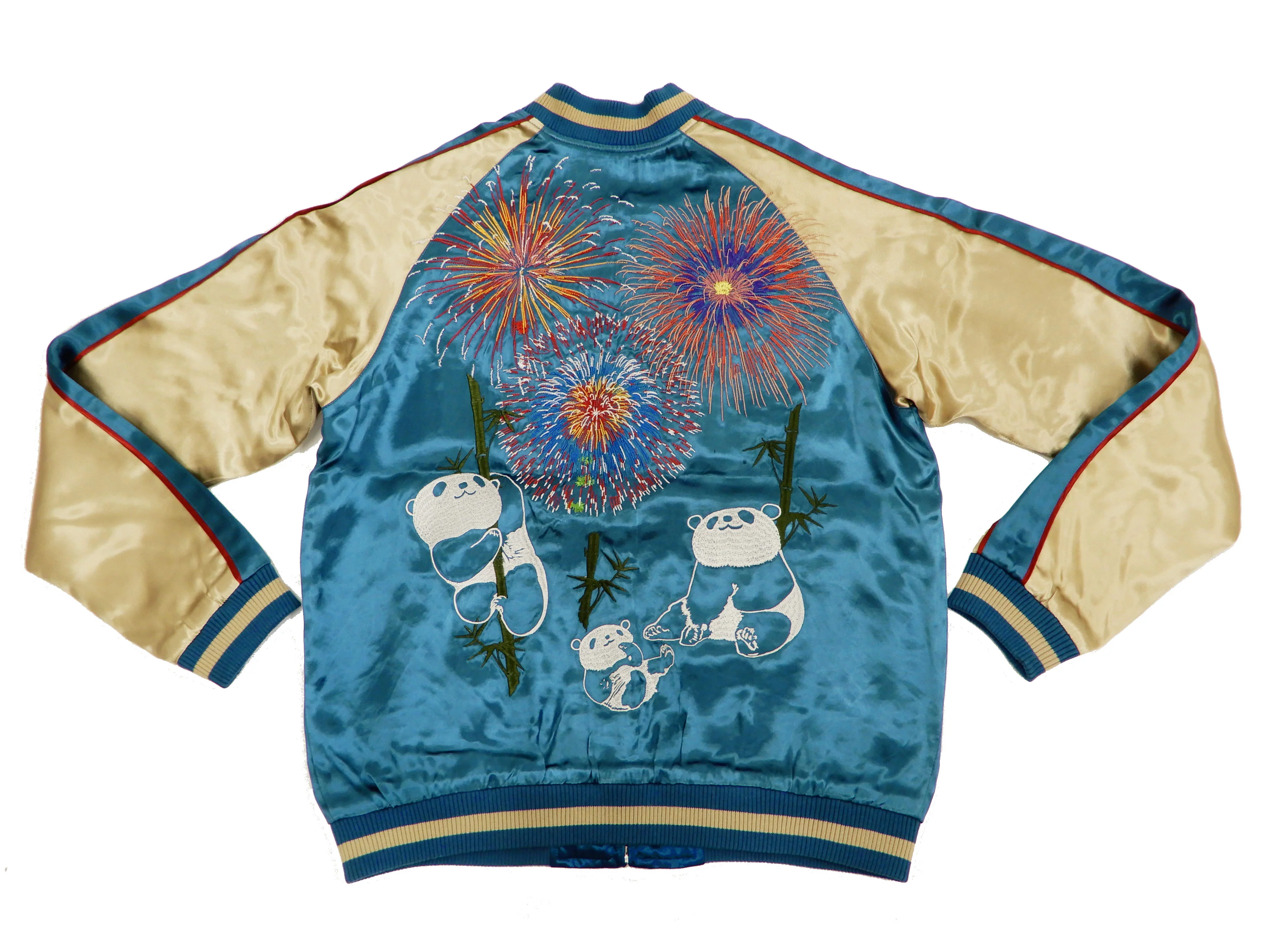Japanesque Men's Japanese Souvenir Jacket Panda and Fireworks Sukajan 3RSJ-039 Blue/Beige - Image 7