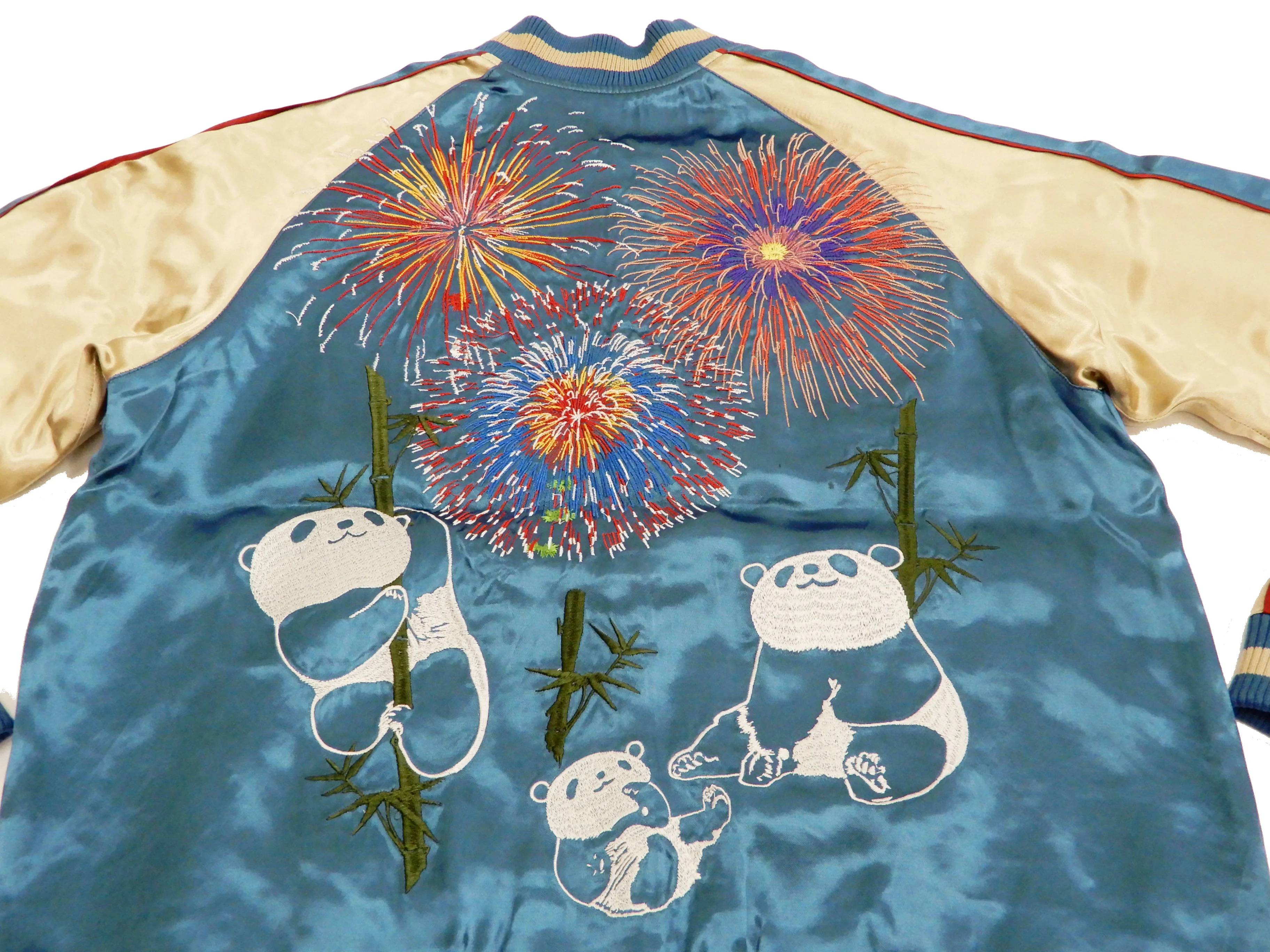 Japanesque Men's Japanese Souvenir Jacket Panda and Fireworks Sukajan 3RSJ-039 Blue/Beige - Image 8