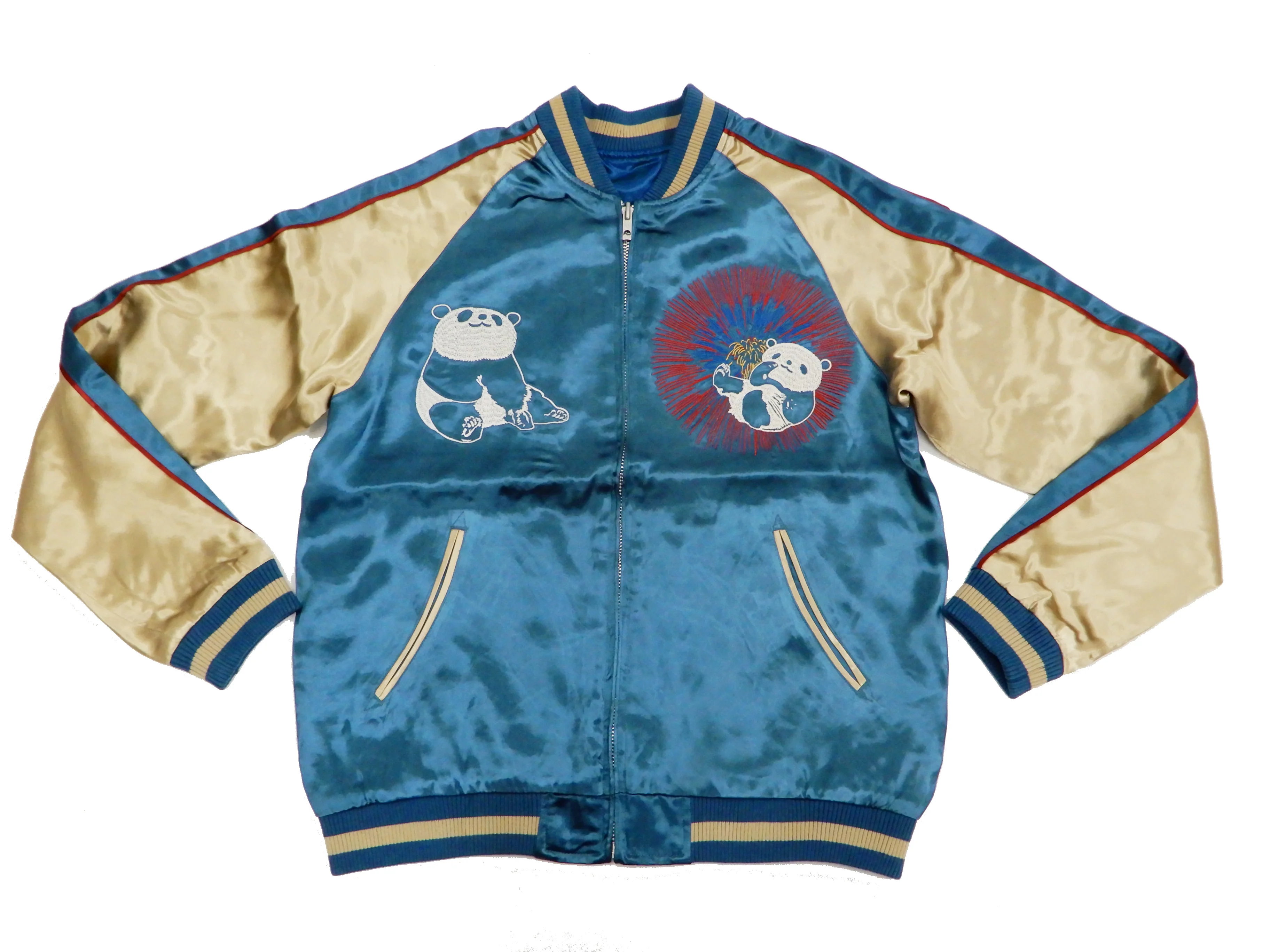 Japanesque Men's Japanese Souvenir Jacket Panda and Fireworks Sukajan 3RSJ-039 Blue/Beige - Image 9