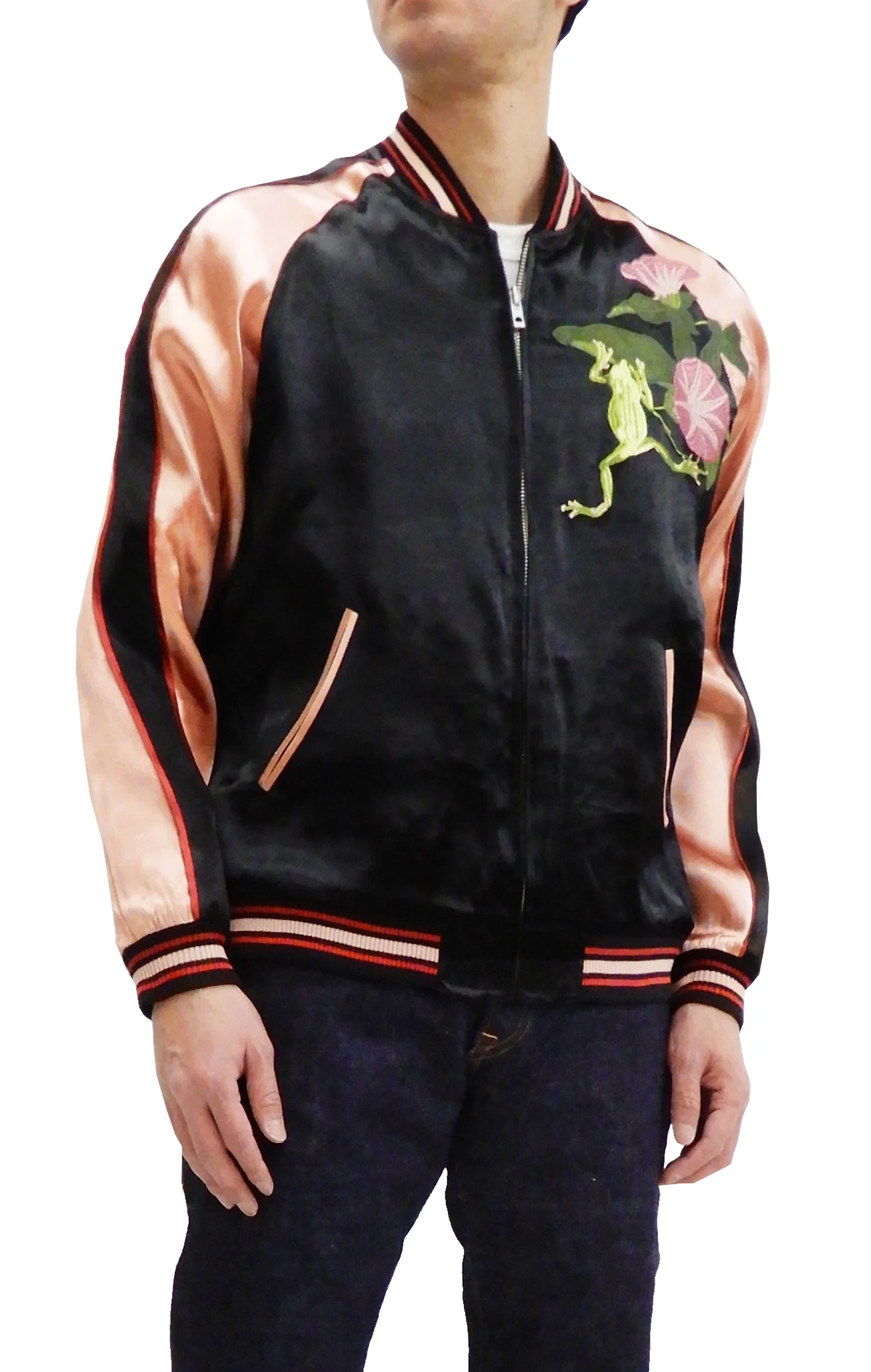 Japanesque Men's Japanese Souvenir Jacket Tree Frog Sukajan 3RSJ-043 Black/Pink - Image 4