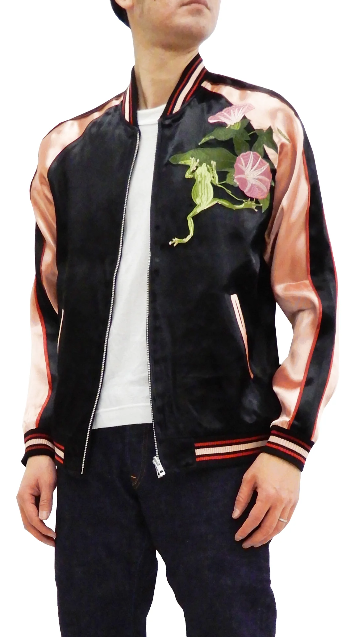 Japanesque Men's Japanese Souvenir Jacket Tree Frog Sukajan 3RSJ-043 Black/Pink - Image 5