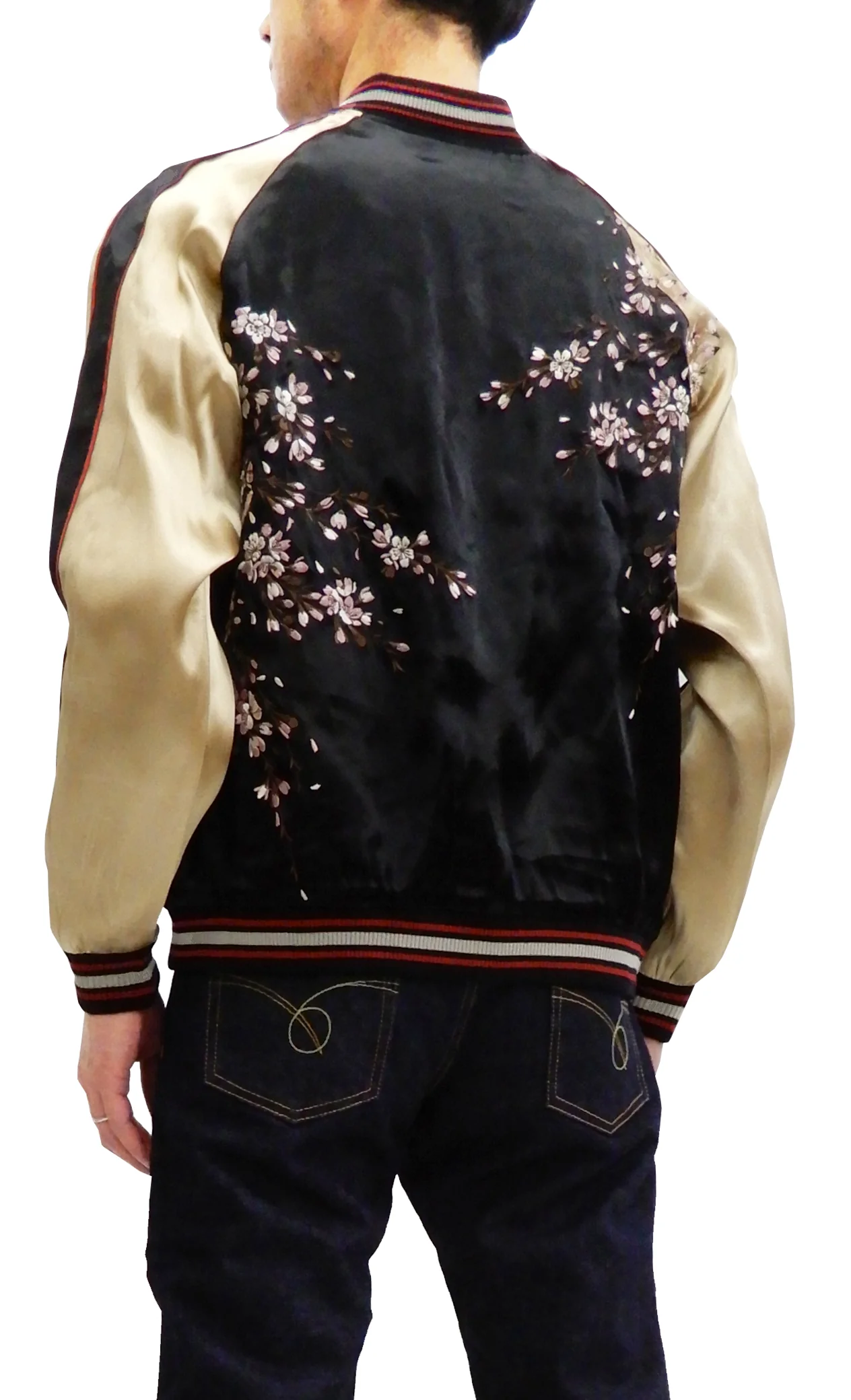 Japanesque Men's Japanese Souvenir Jacket Weeping Cherry Sukajan 3RSJ-038 Black/Beige - Image 5