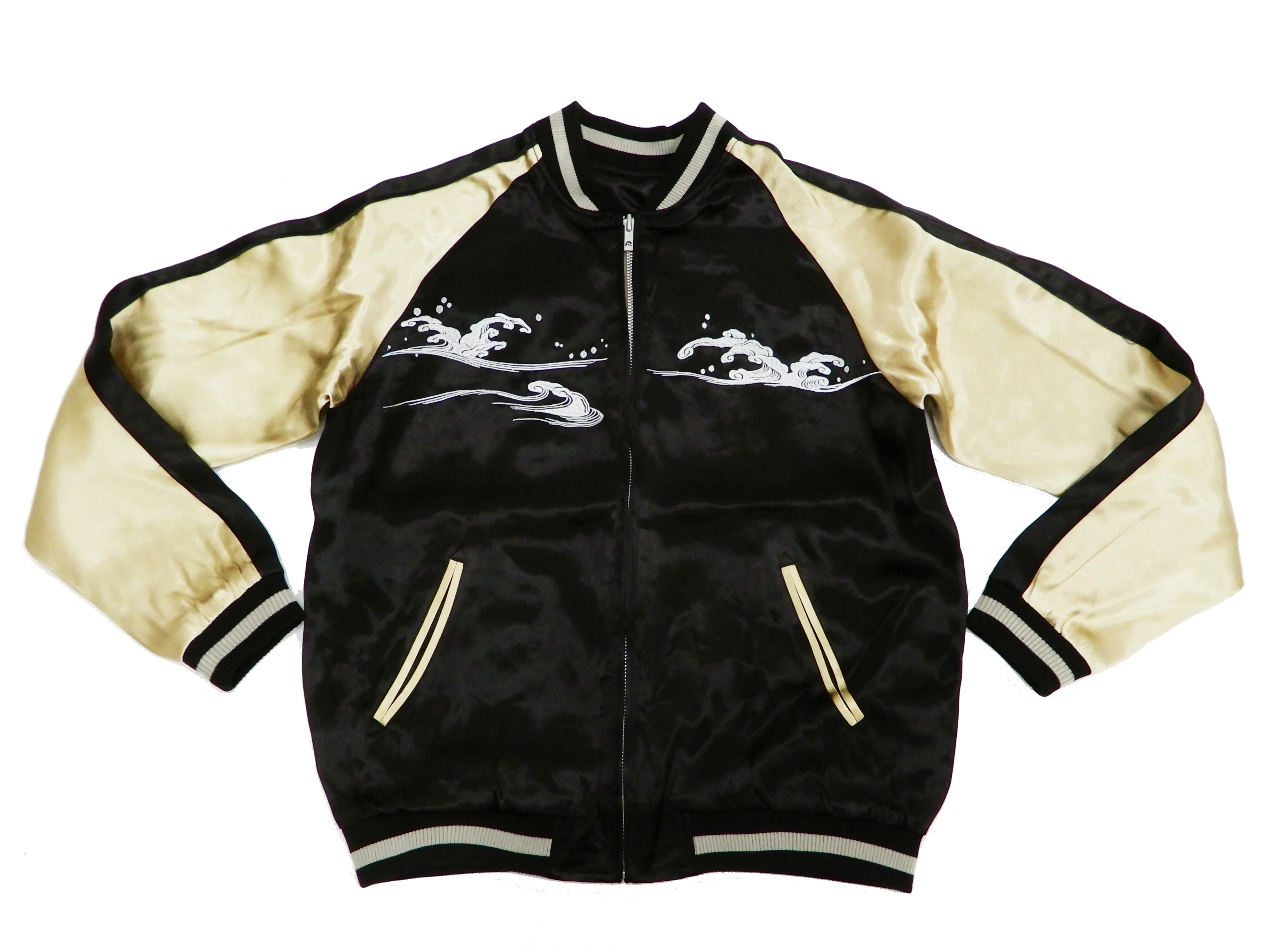 Japanesque Men's Japanese Souvenir Jacket Whale Breach Sukajan 3RSJ-041 Black/Beige - Image 9