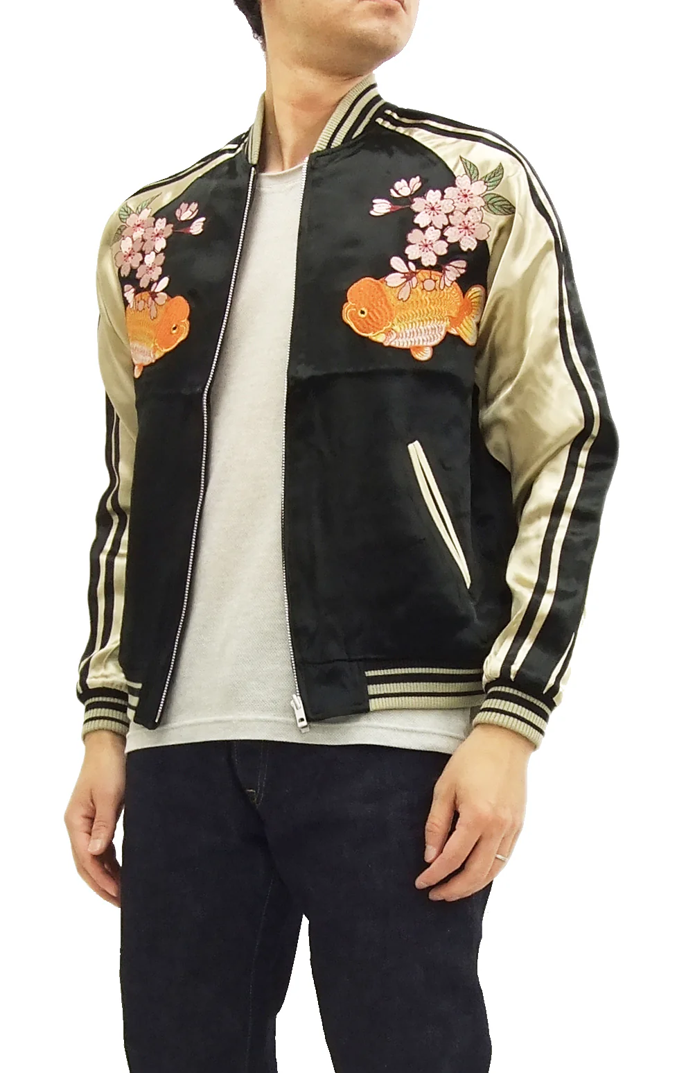 Japanesque Script Japanese Souvenir Jacket 3RSJ-031 Goldfish Men's Sukajan Black/Gold - Image 4