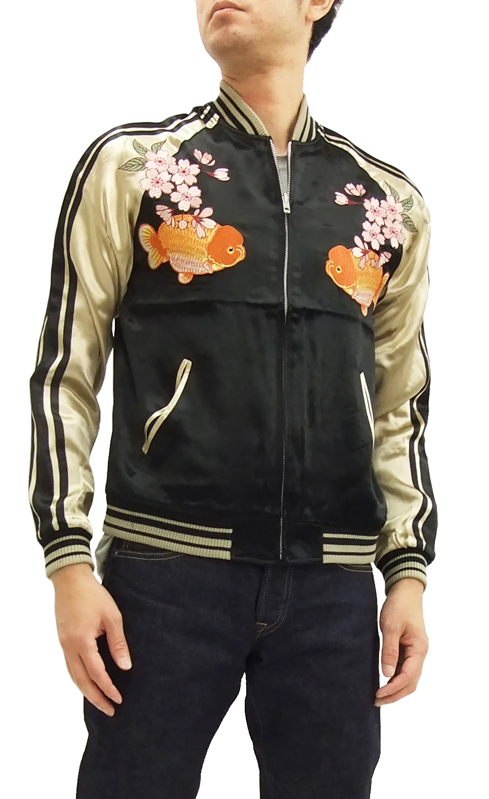 Japanesque Script Japanese Souvenir Jacket 3RSJ-031 Goldfish Men's Sukajan Black/Gold - Image 5