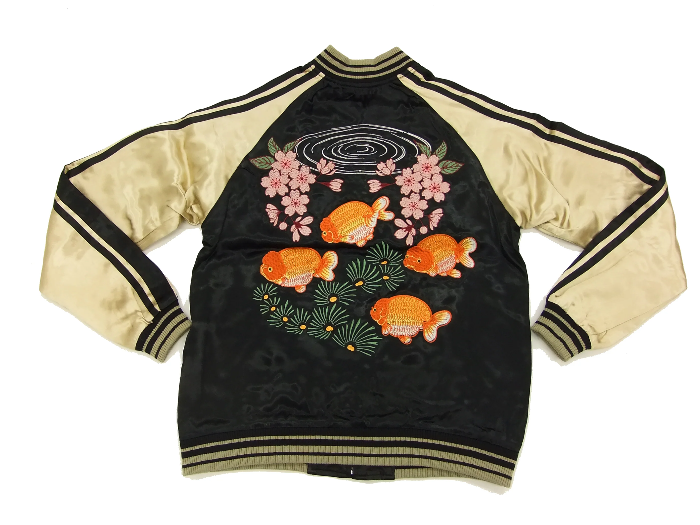 Japanesque Script Japanese Souvenir Jacket 3RSJ-031 Goldfish Men's Sukajan Black/Gold - Image 7