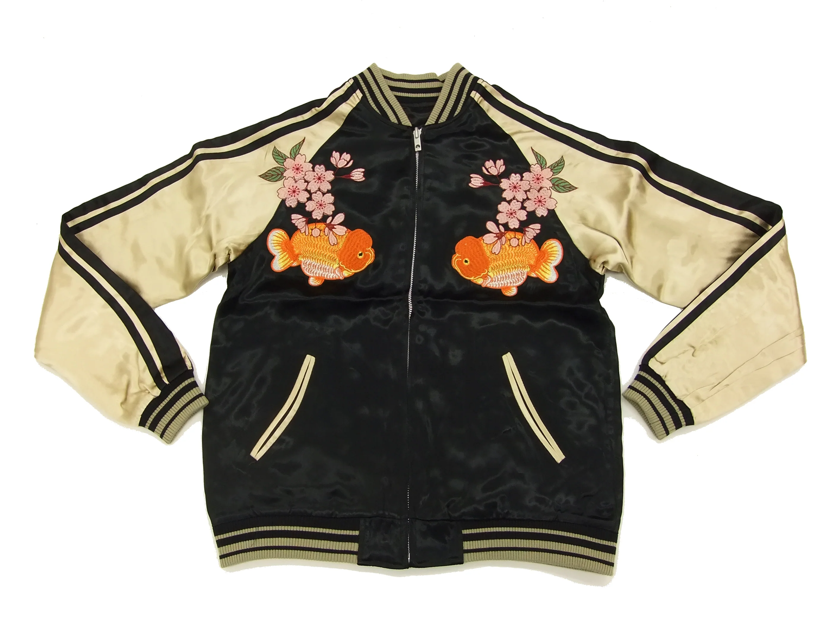 Japanesque Script Japanese Souvenir Jacket 3RSJ-031 Goldfish Men's Sukajan Black/Gold - Image 9
