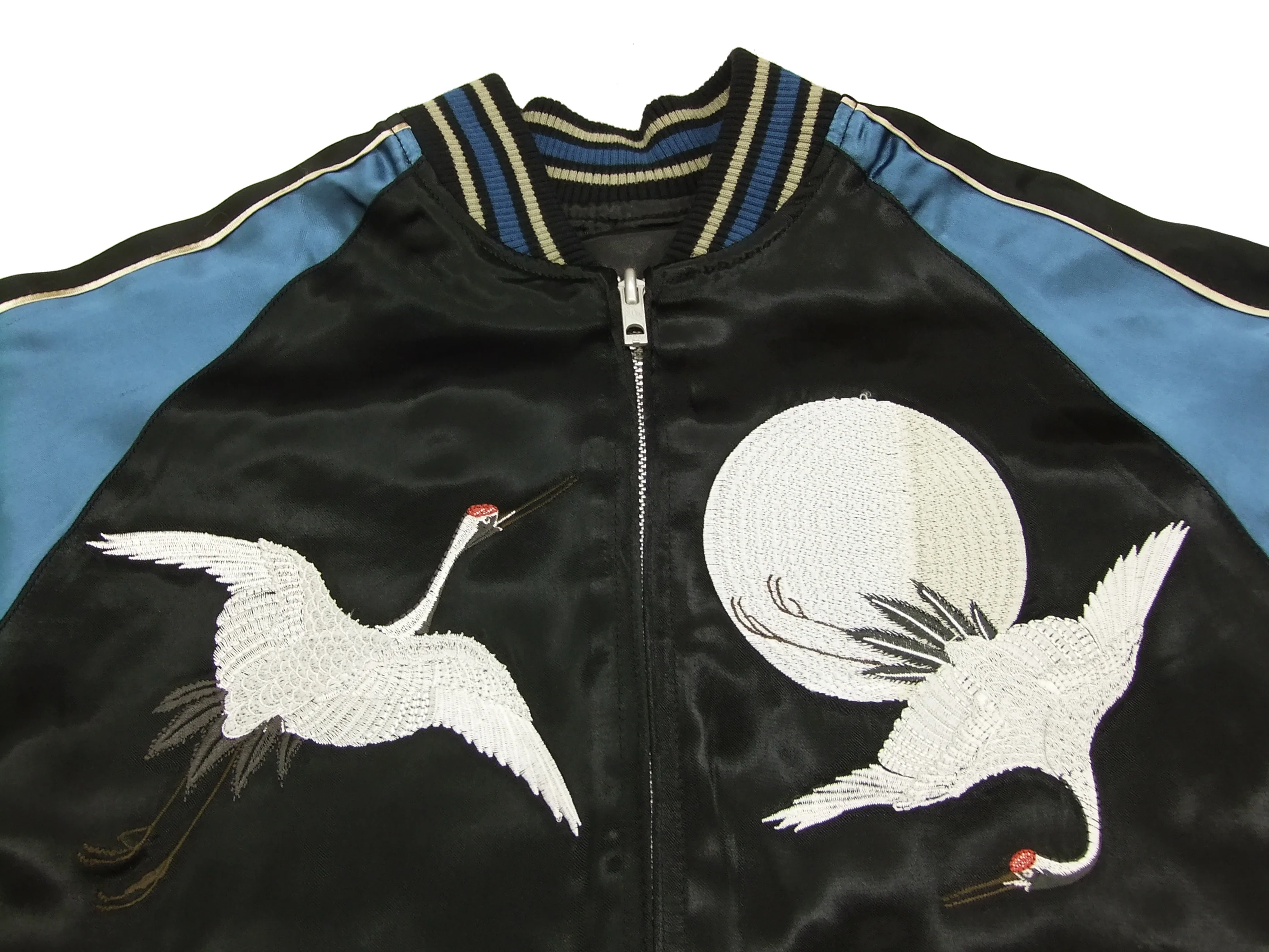 Japanesque Script Japanese Souvenir Jacket 3RSJ-032 Crane with Moon Men's Sukajan Black/Blue - Image 10
