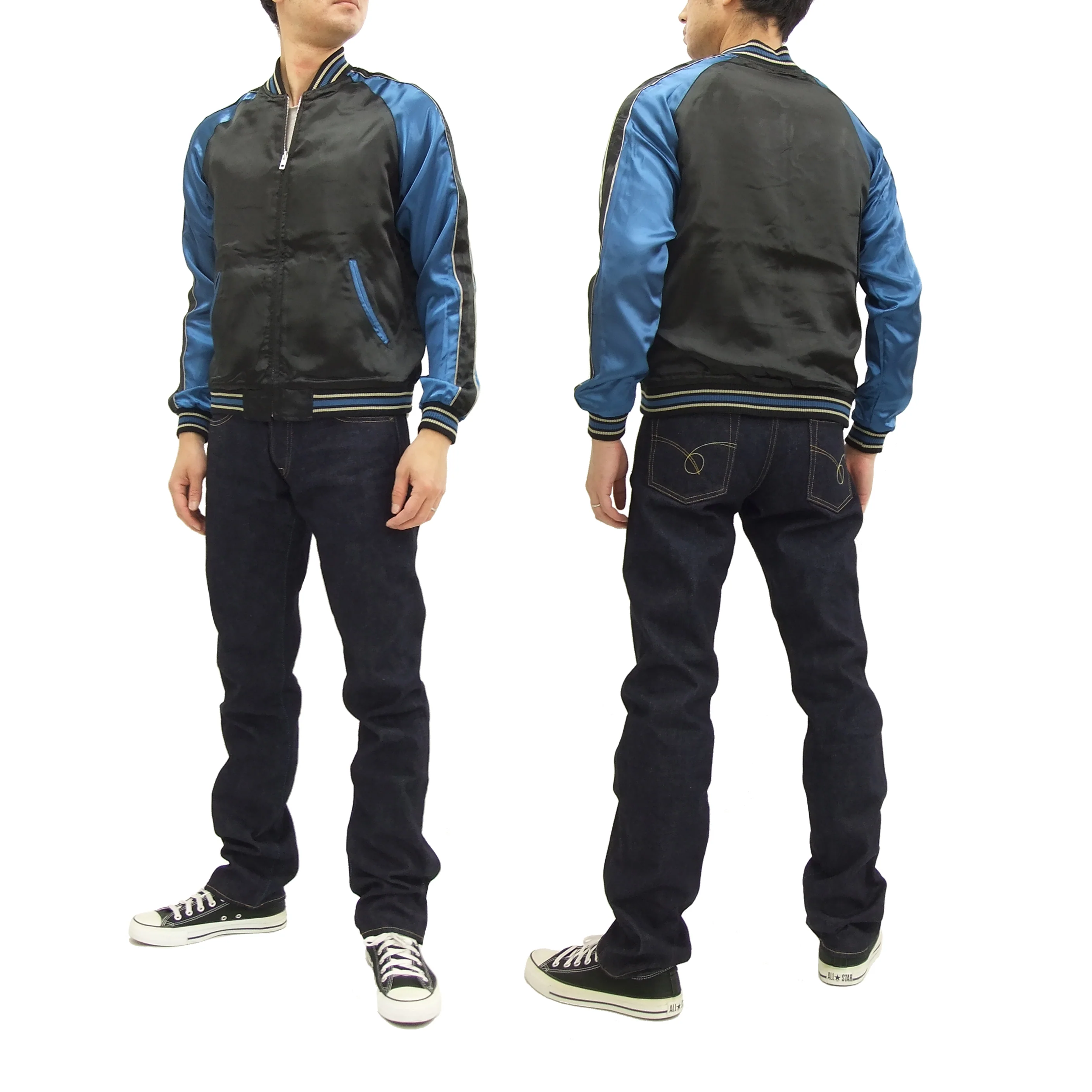 Japanesque Script Japanese Souvenir Jacket 3RSJ-032 Crane with Moon Men's Sukajan Black/Blue - Image 6