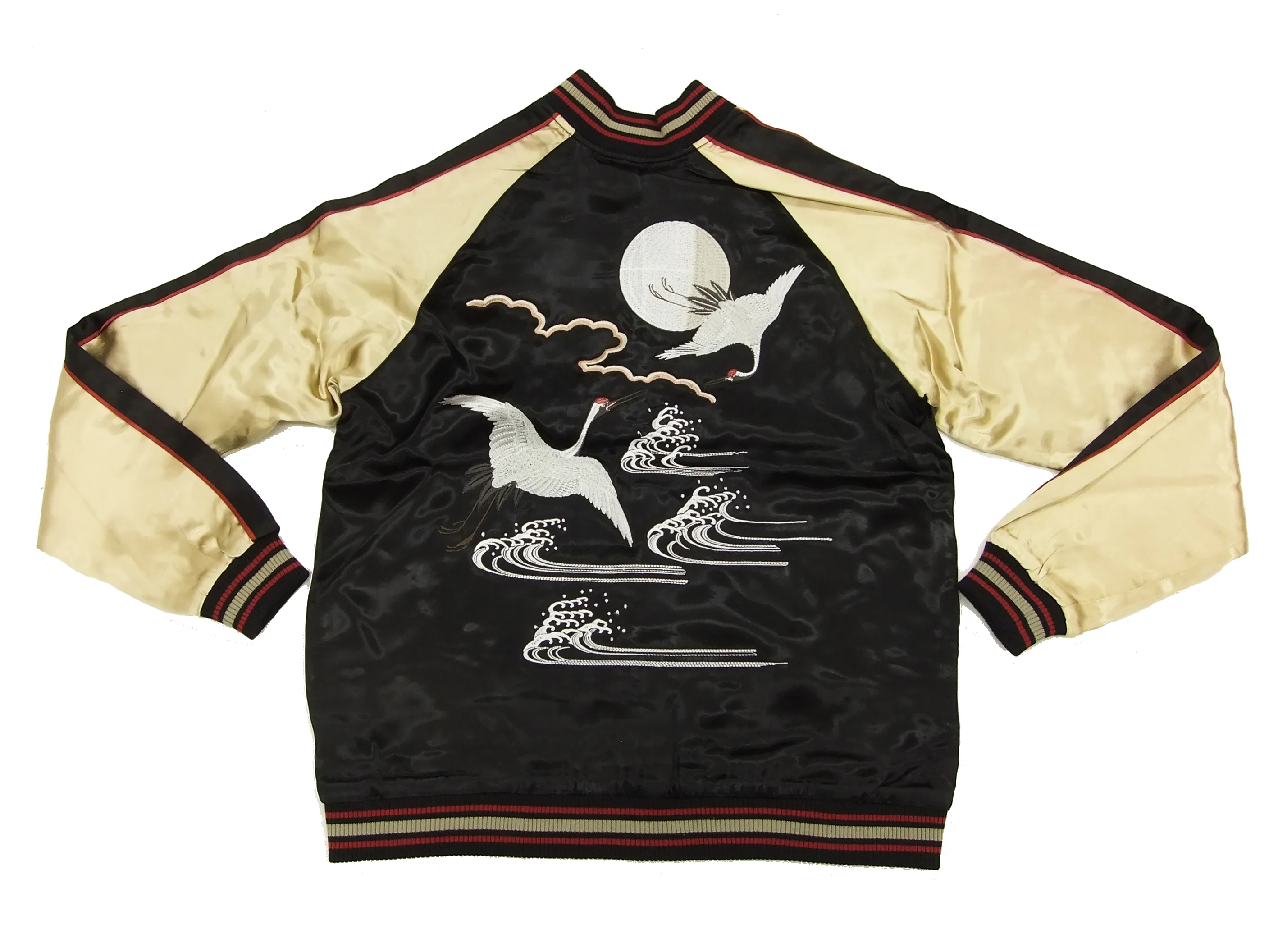 Japanesque Script Japanese Souvenir Jacket 3RSJ-032 Crane with Moon Men's Sukajan Black/Gold - Image 7