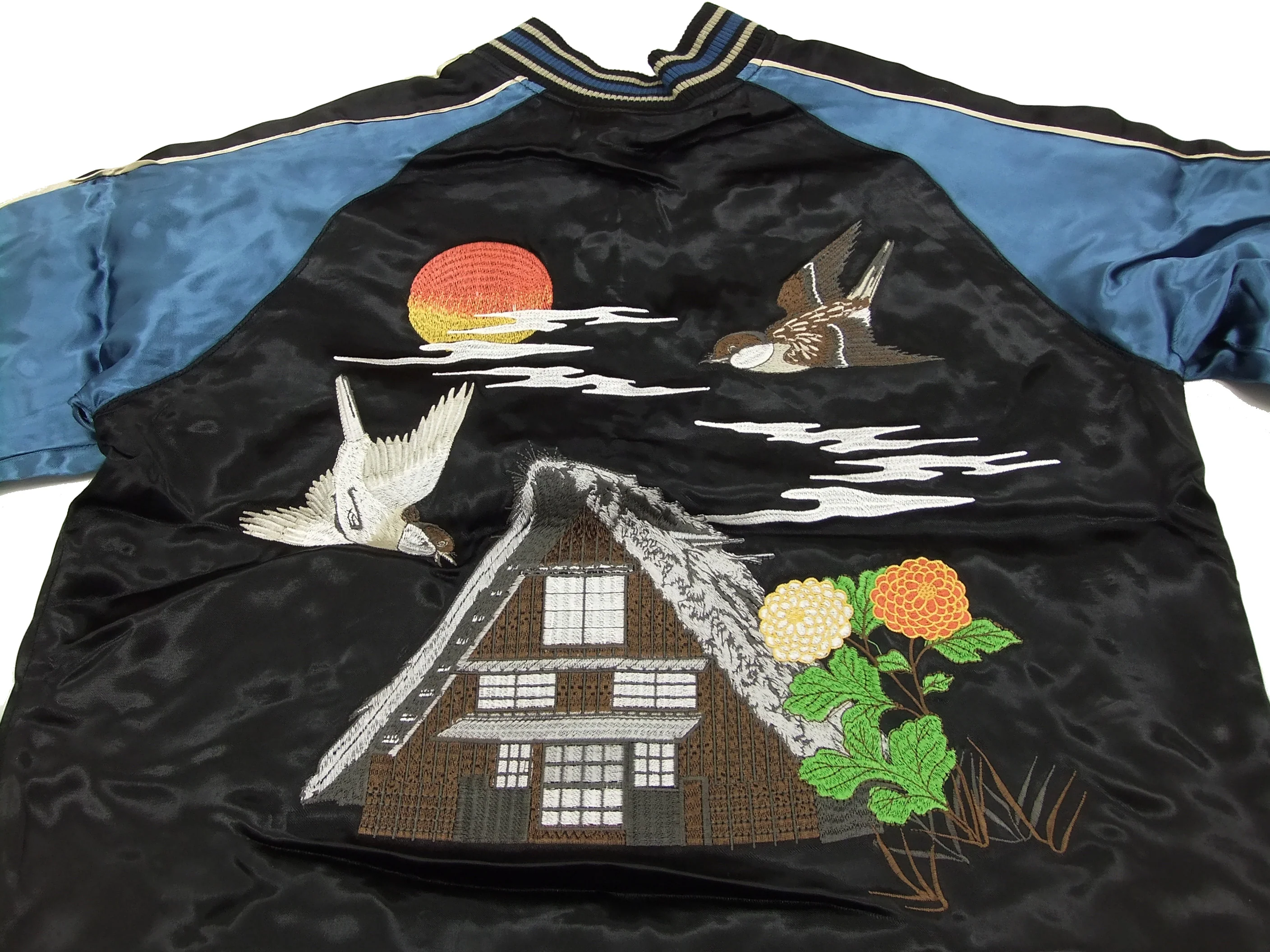 Japanesque Script Japanese Souvenir Jacket 3RSJ-034 Sparrows Men's Sukajan Black/Blue - Image 8