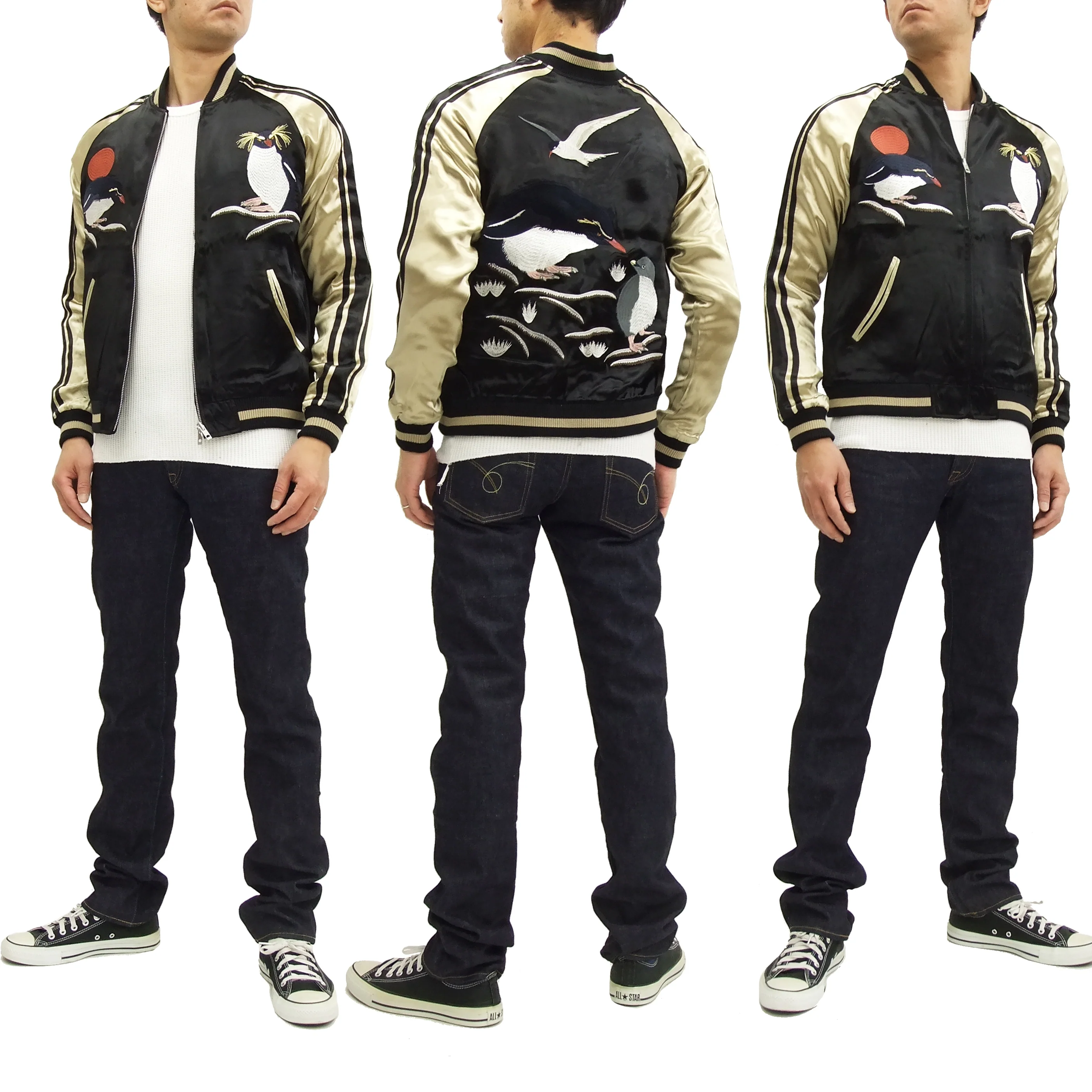 Japanesque Script Japanese Souvenir Jacket 3RSJ-036 Penguin Men's Sukajan Black/Gold - Image 3