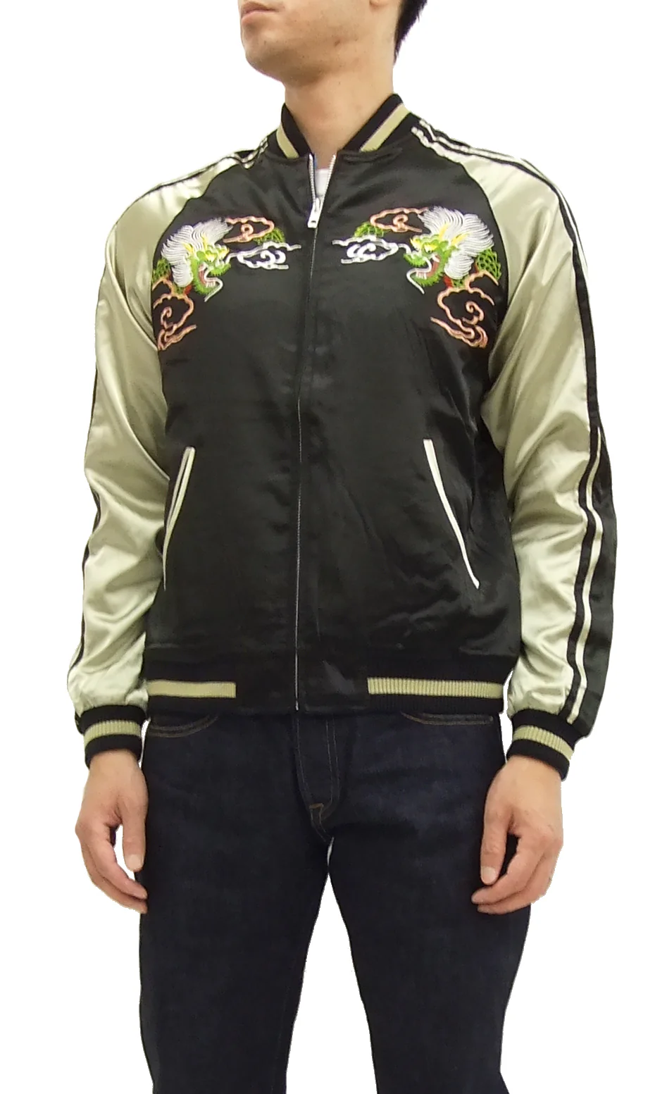 Japanesque Script Japanese Souvenir Jacket 3RSJ-501 Map Dragon Men's Sukajan Black/Beige - Image 5