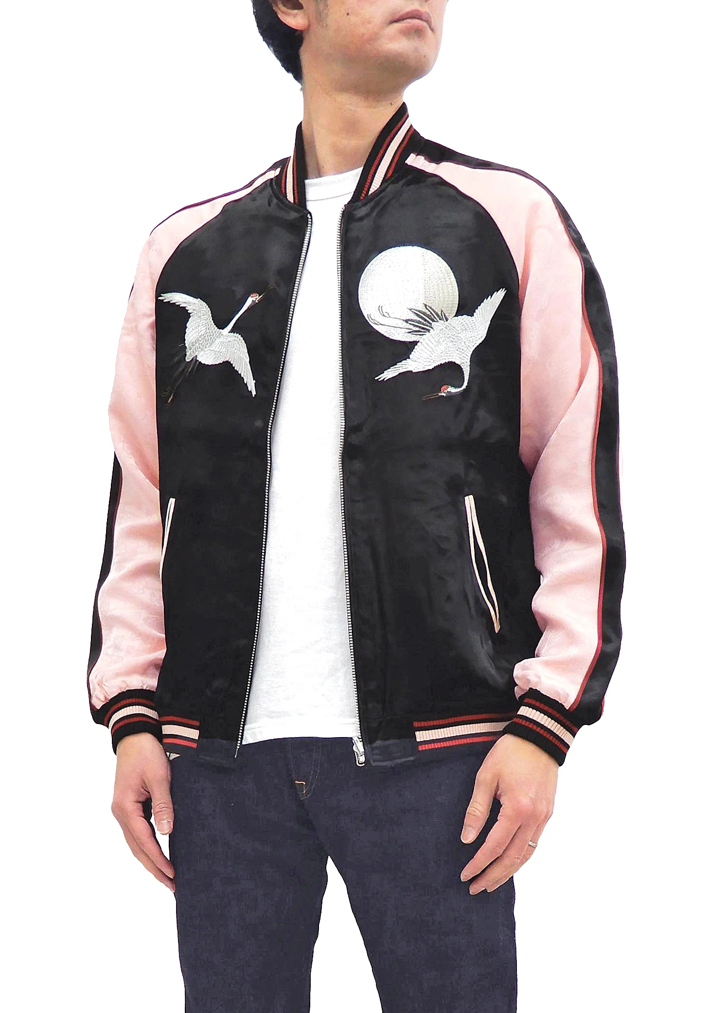 Japanesque Sukajan Jacket Men's Japanese Souvenir Jacket Japanese Crane 3RSJ-752 Black/Pink - Image 4