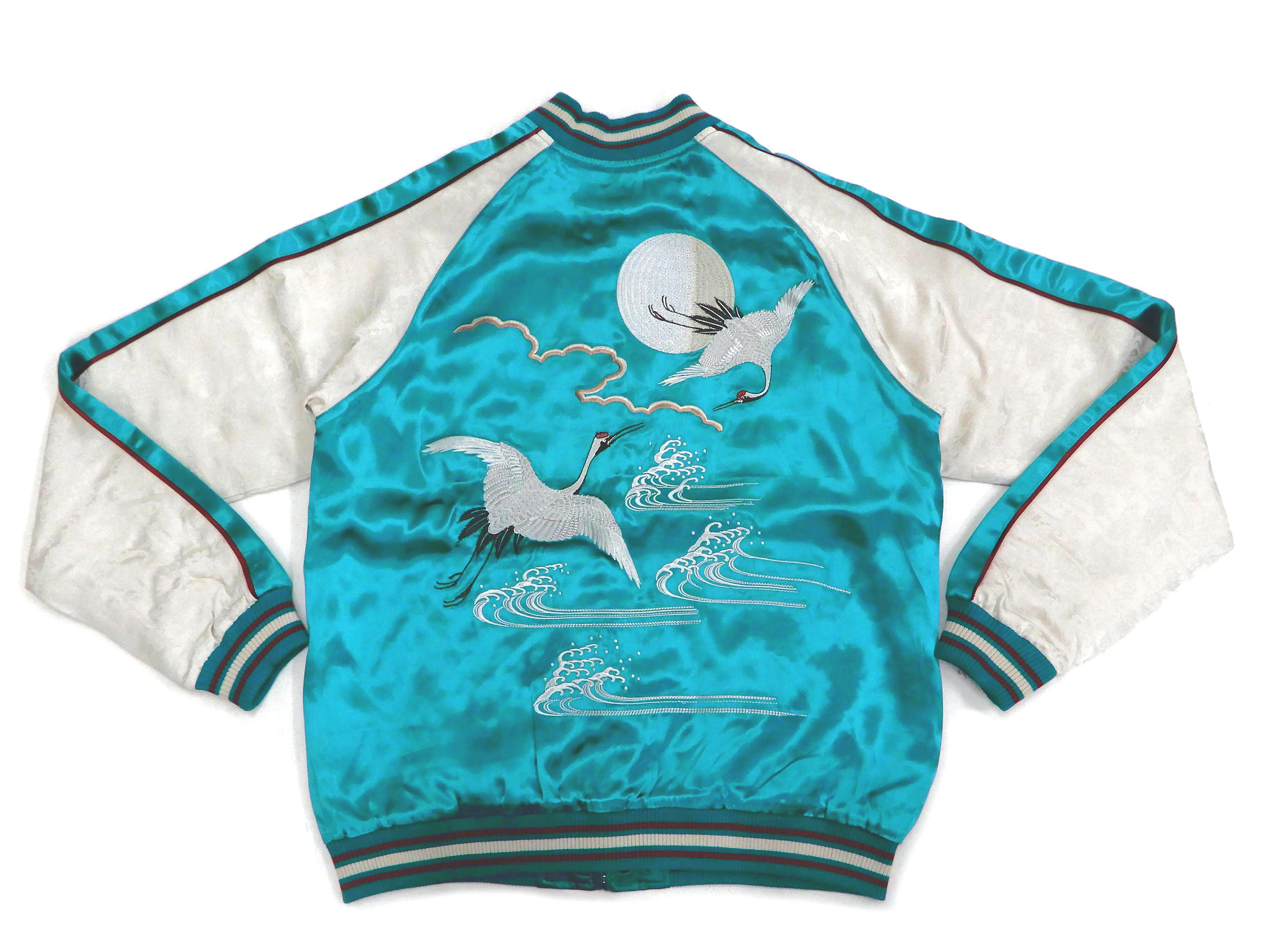 Japanesque Sukajan Jacket Men's Japanese Souvenir Jacket Japanese Crane 3RSJ-752 Blue-Green/Off - Image 7