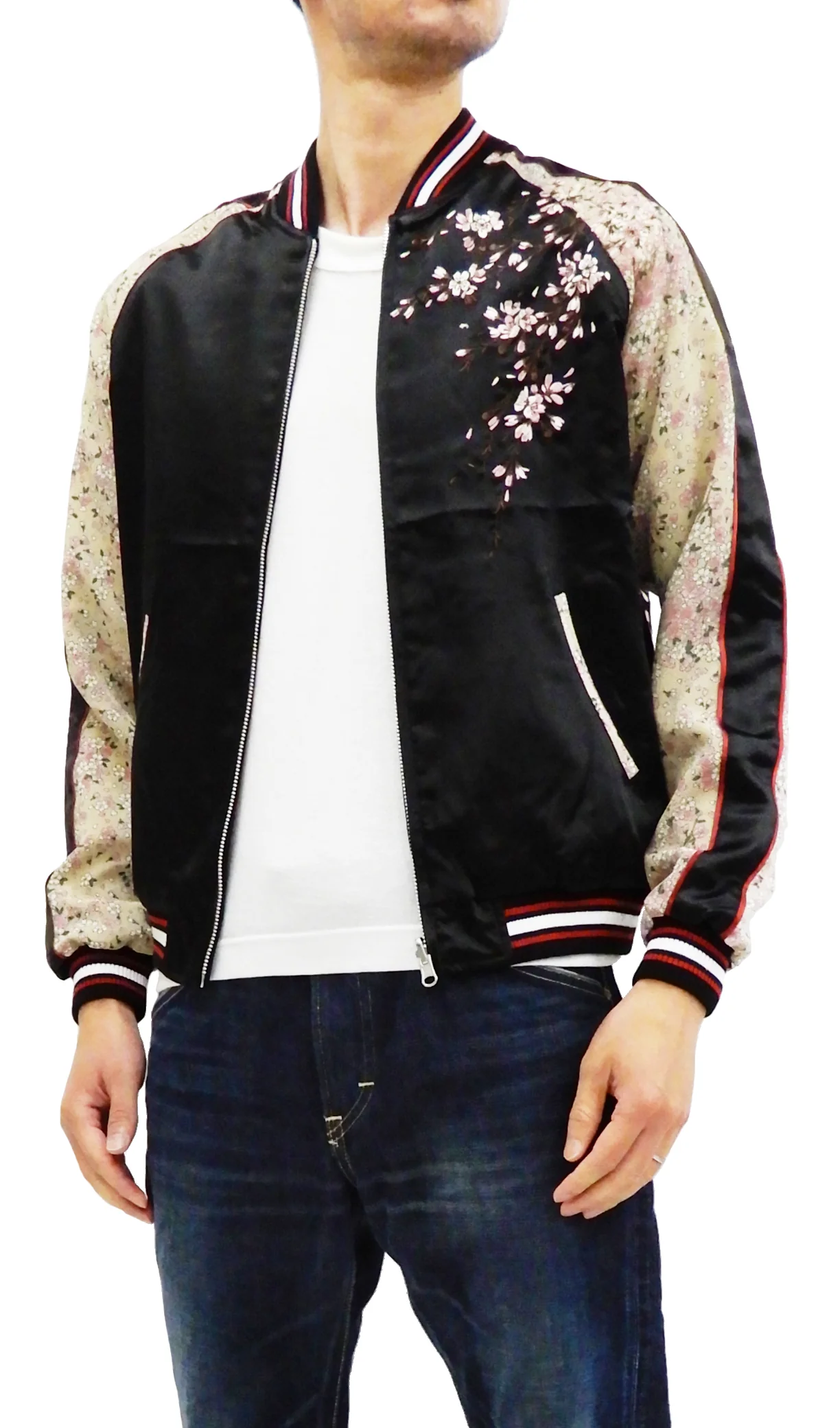 Japanesque Sukajan Men's Japanese Souvenir Jacket Cherry Blossom 3RSJ-301 Black/Beige - Image 5