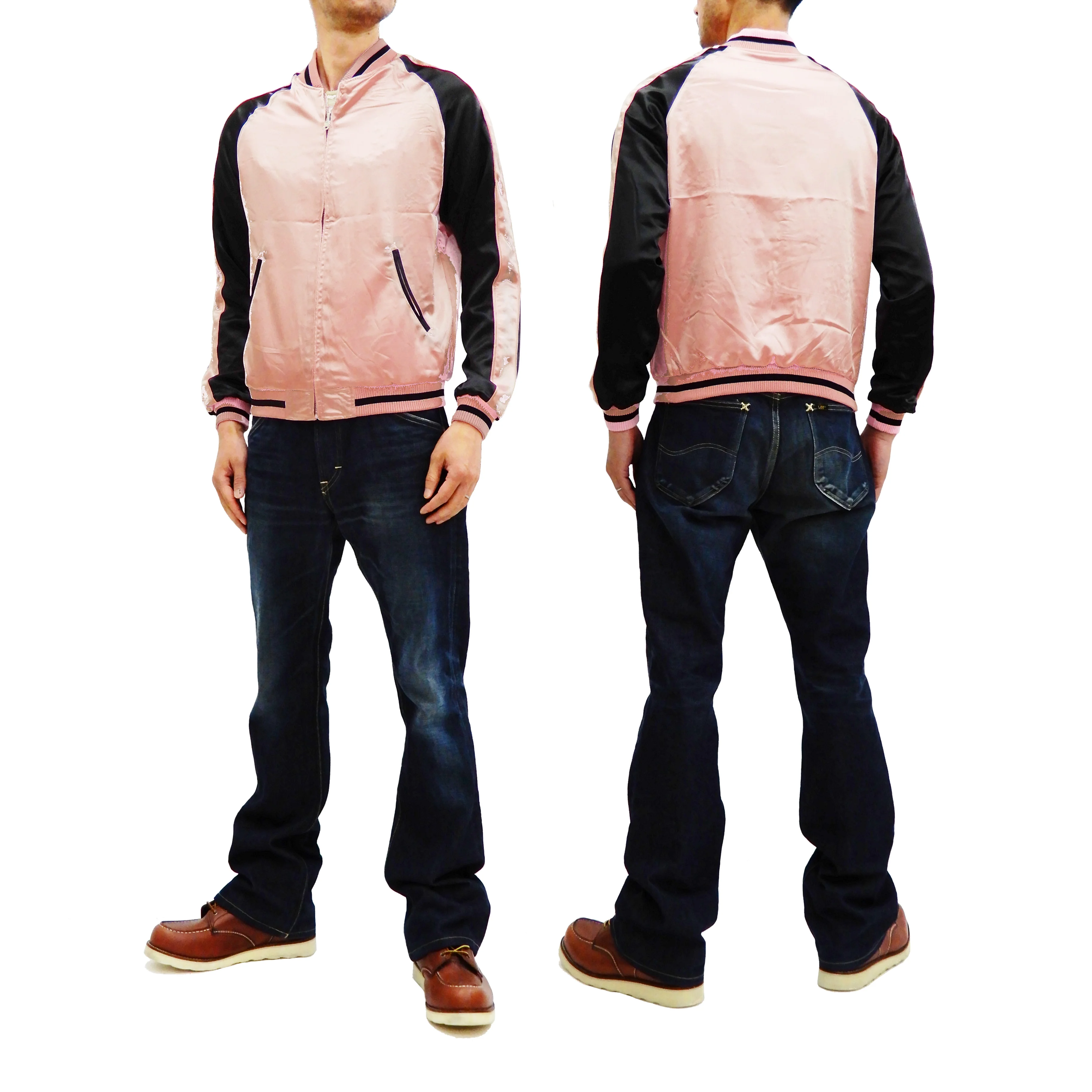 Japanesque Sukajan Men's Japanese Souvenir Jacket Crane 3RSJ-302 Pink/Black - Image 6