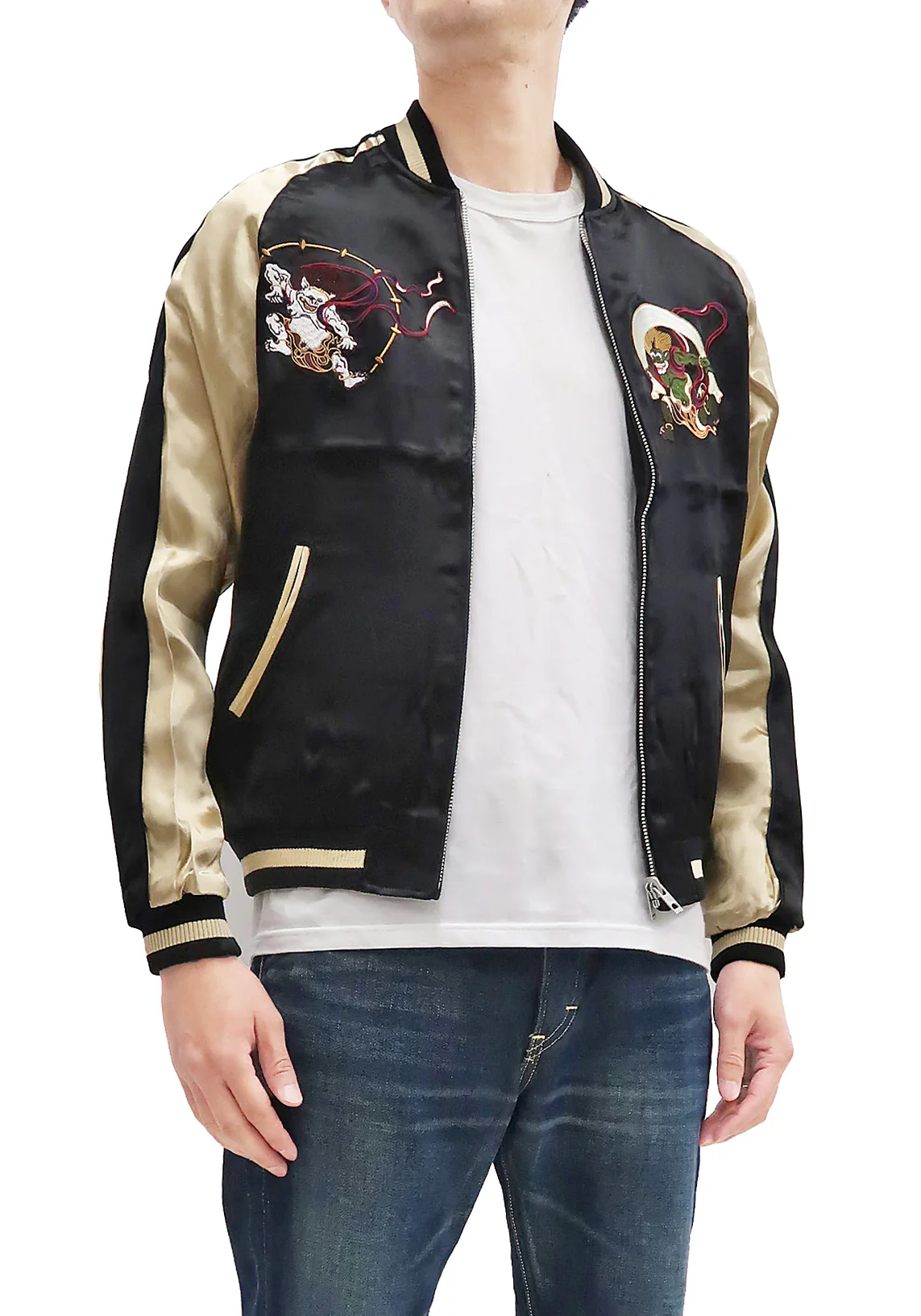 Japanesque Sukajan Men's Japanese Souvenir Jacket Fujin Embroidery 3RSJ-020 Black - Image 6