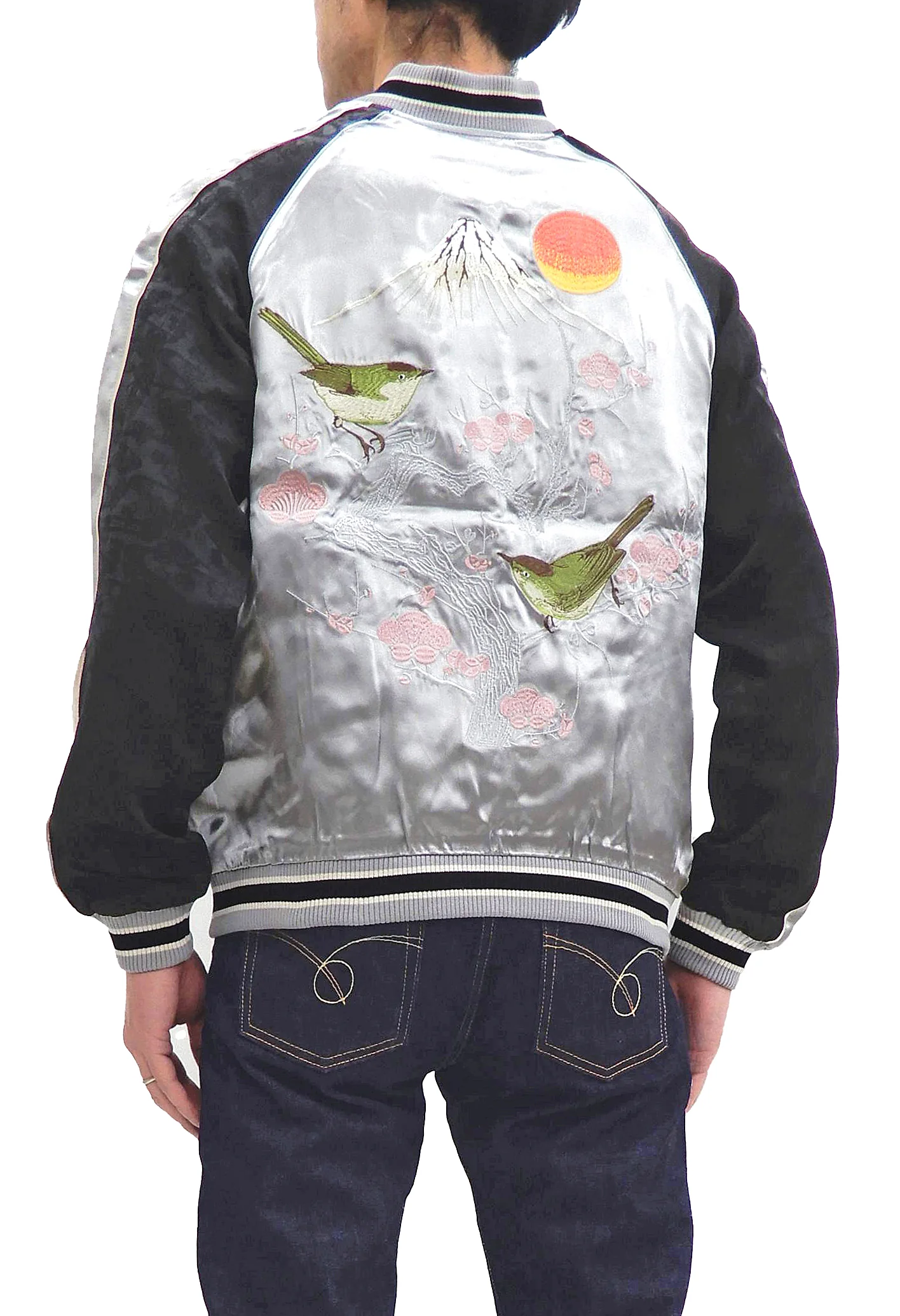 Japanesque Sukajan Men's Japanese Souvenir Jacket Japanese Bush Warbler 3RSJ-751 Gray/Black