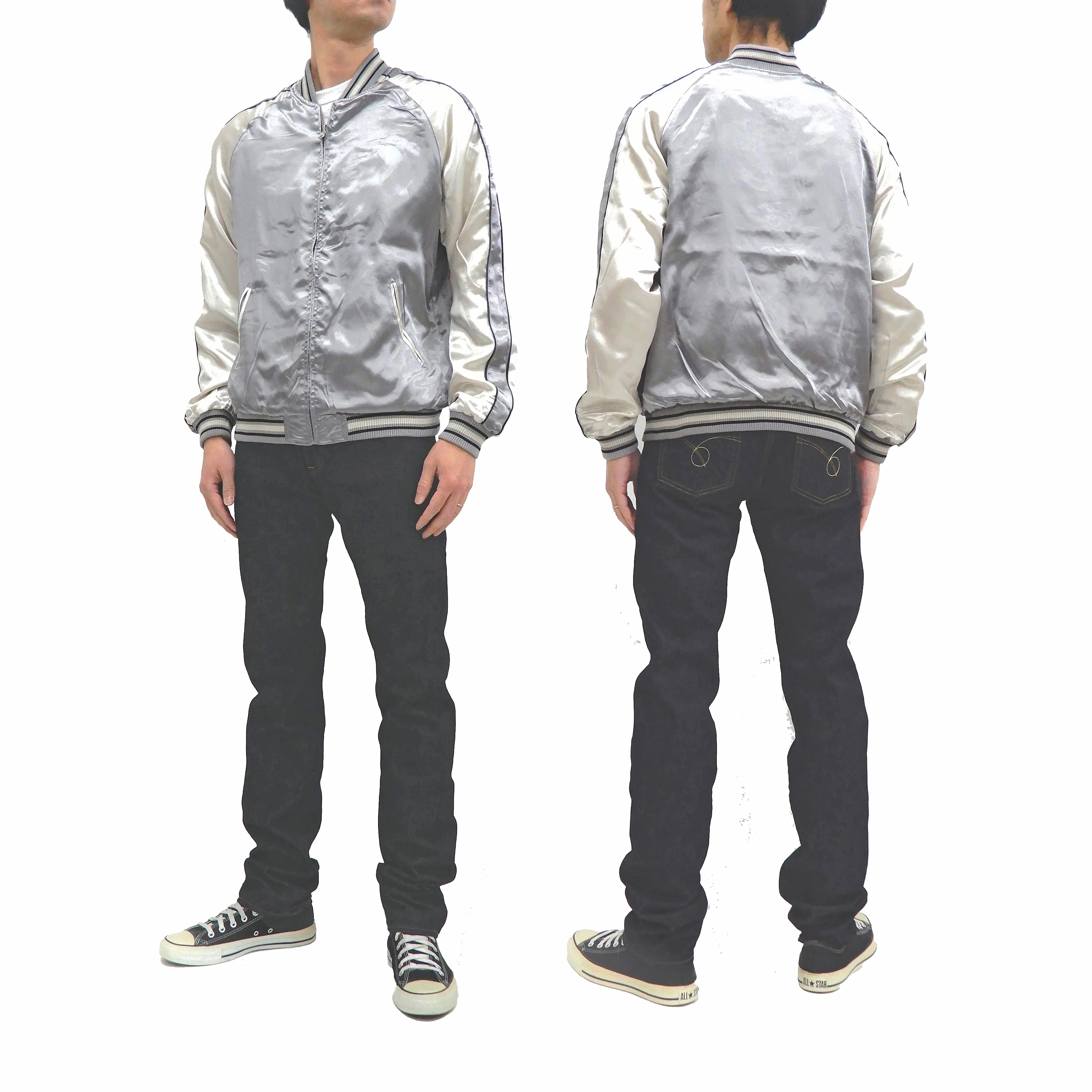 Japanesque Sukajan Men's Japanese Souvenir Jacket Japanese Koi fish 3RSJ-754 Gray/Off - Image 6