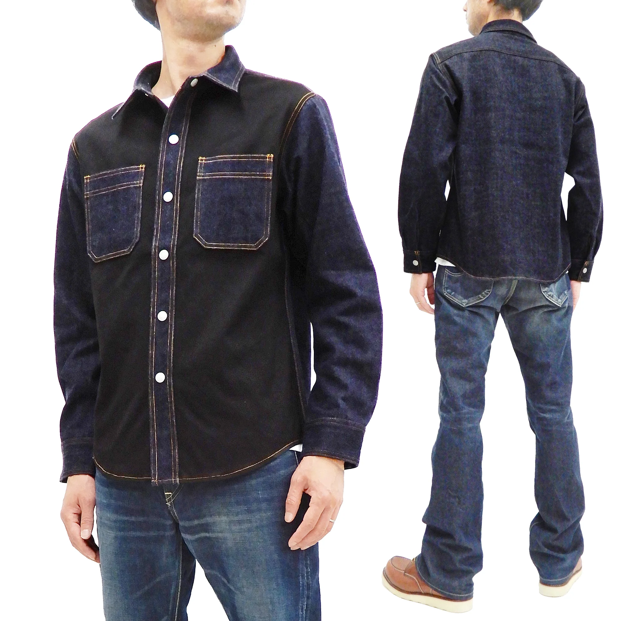 Kojima Genes Contrast Panel Shirt Men's Long Sleeve Two Tone Button Up Shirt rnb2081 RNB-2081 Black Duck Canvas/Indigo Denim - Image 11