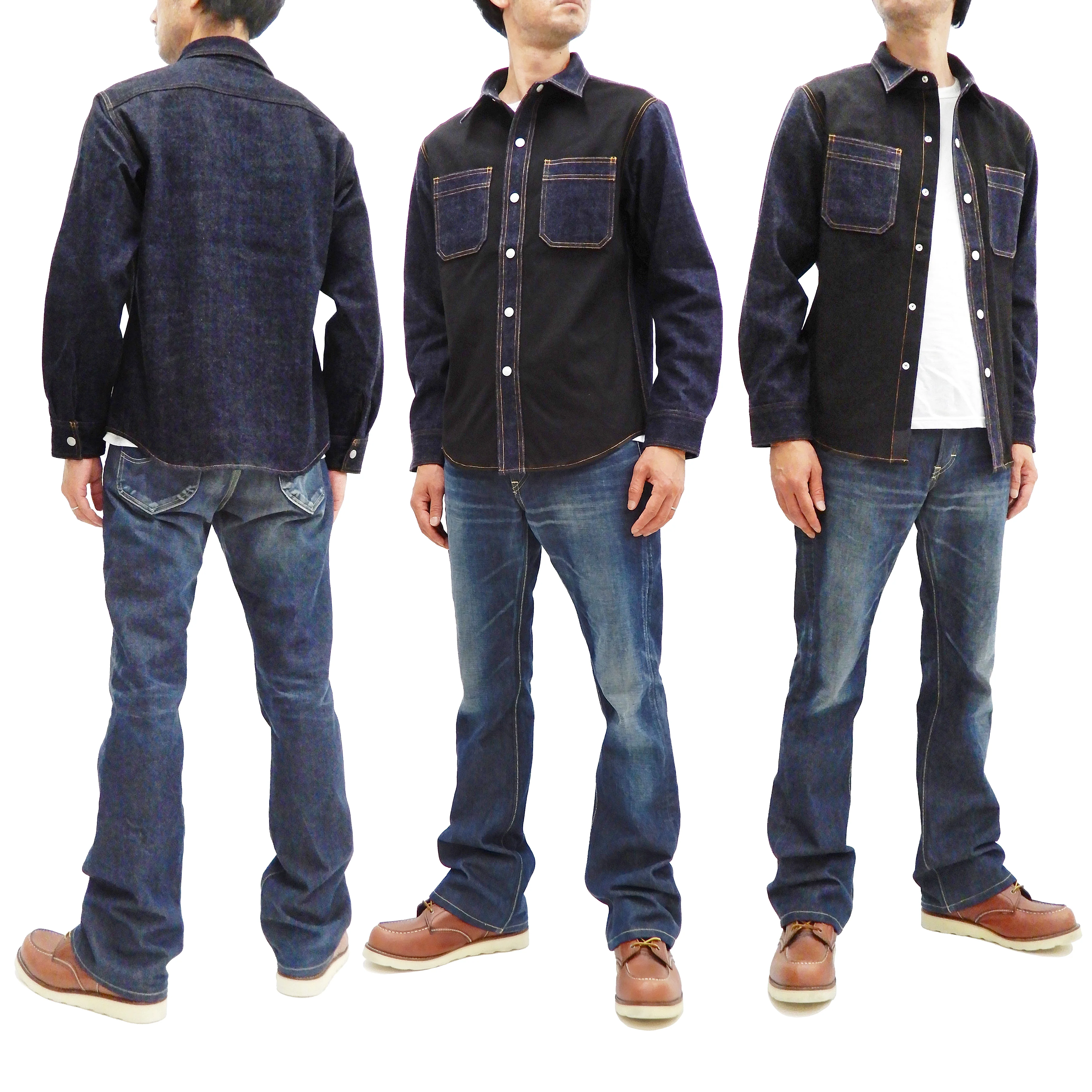 Kojima Genes Contrast Panel Shirt Men's Long Sleeve Two Tone Button Up Shirt rnb2081 RNB-2081 Black Duck Canvas/Indigo Denim - Image 3