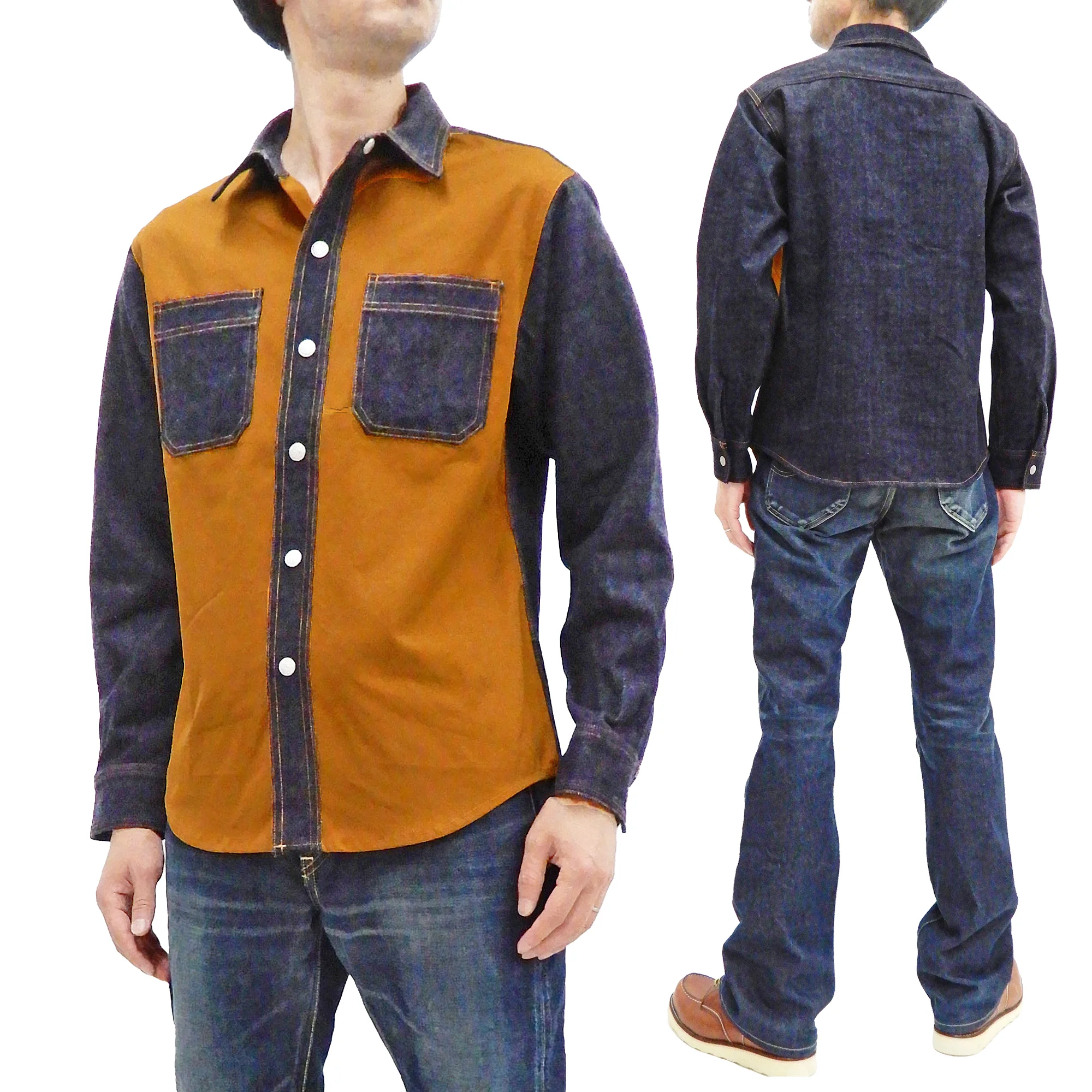 Kojima Genes Contrast Panel Shirt Men's Long Sleeve Two Tone Button Up Shirt rnb2081 RNB-2081 Camel Duck Canvas/Indigo Denim - Image 11