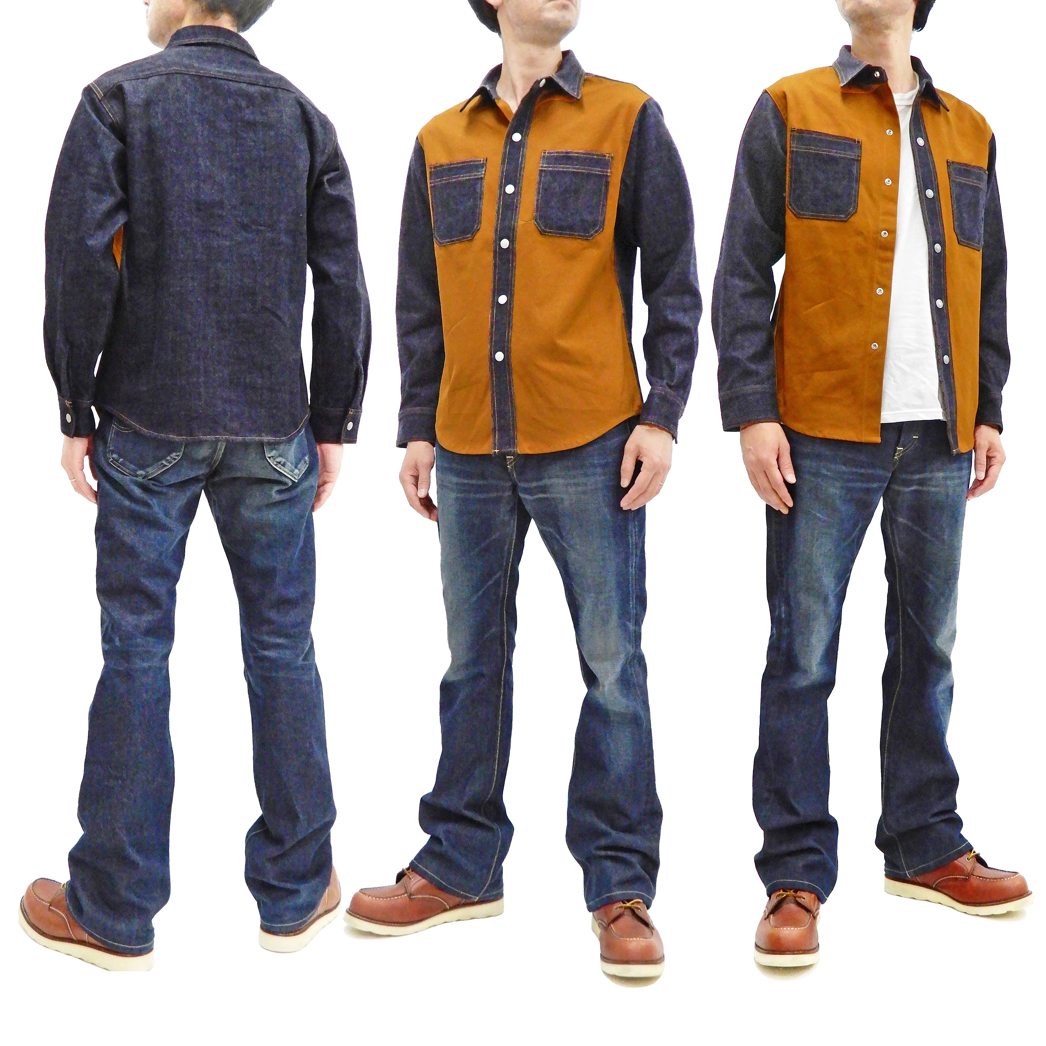 Kojima Genes Contrast Panel Shirt Men's Long Sleeve Two Tone Button Up Shirt rnb2081 RNB-2081 Camel Duck Canvas/Indigo Denim - Image 3