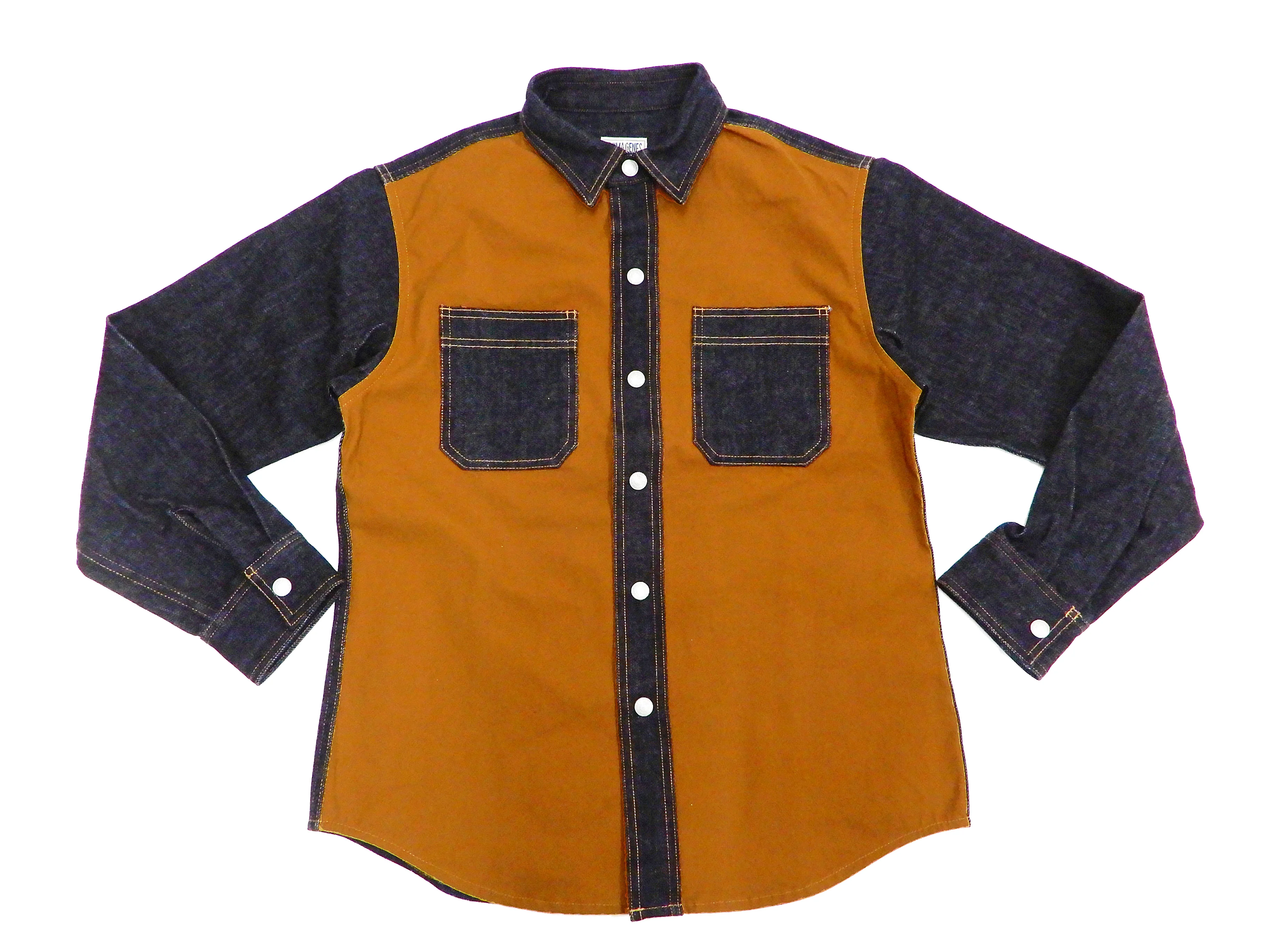 Kojima Genes Contrast Panel Shirt Men's Long Sleeve Two Tone Button Up Shirt rnb2081 RNB-2081 Camel Duck Canvas/Indigo Denim - Image 4