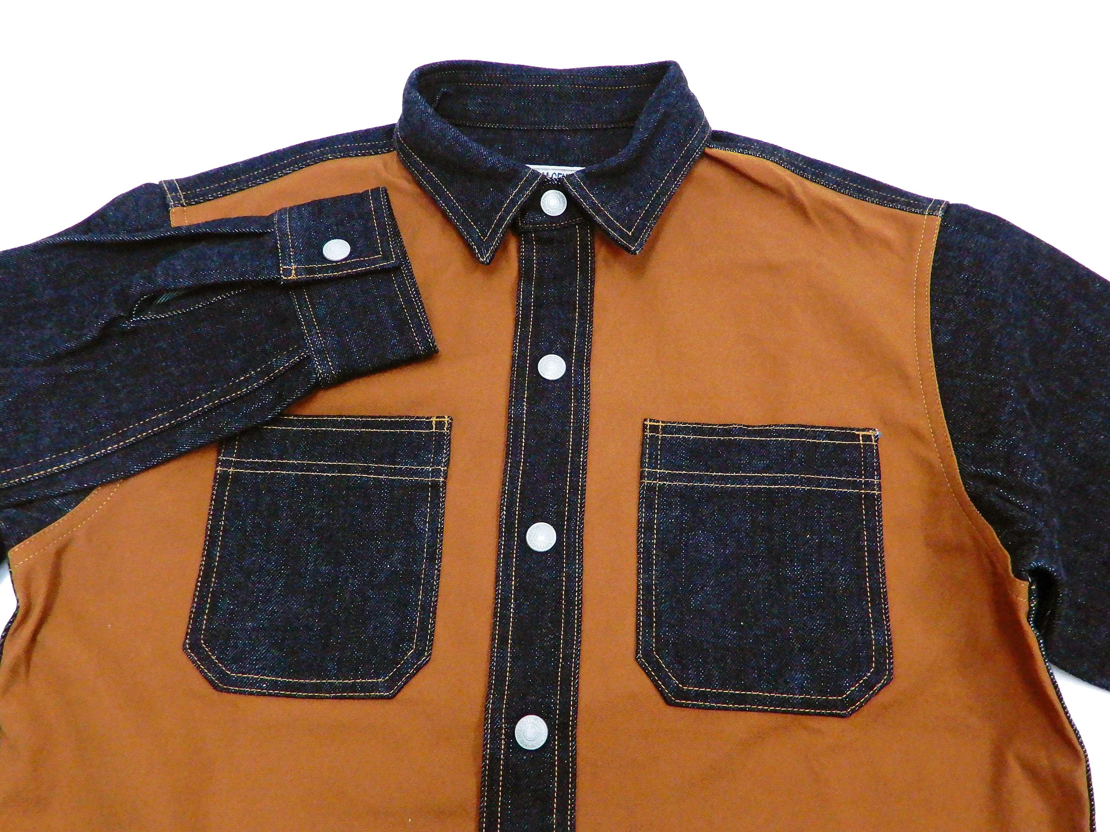 Kojima Genes Contrast Panel Shirt Men's Long Sleeve Two Tone Button Up Shirt rnb2081 RNB-2081 Camel Duck Canvas/Indigo Denim - Image 5