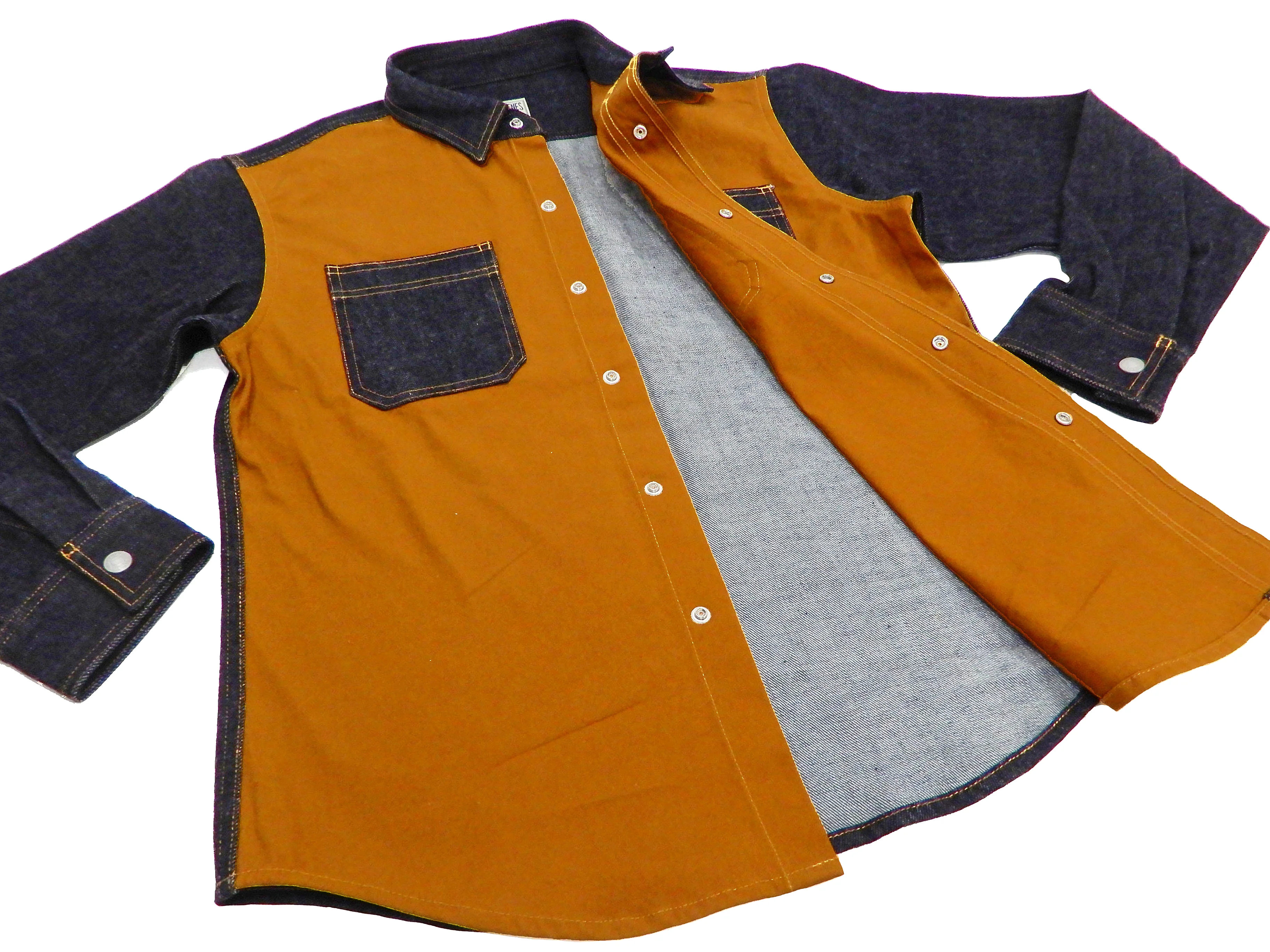 Kojima Genes Contrast Panel Shirt Men's Long Sleeve Two Tone Button Up Shirt rnb2081 RNB-2081 Camel Duck Canvas/Indigo Denim - Image 7