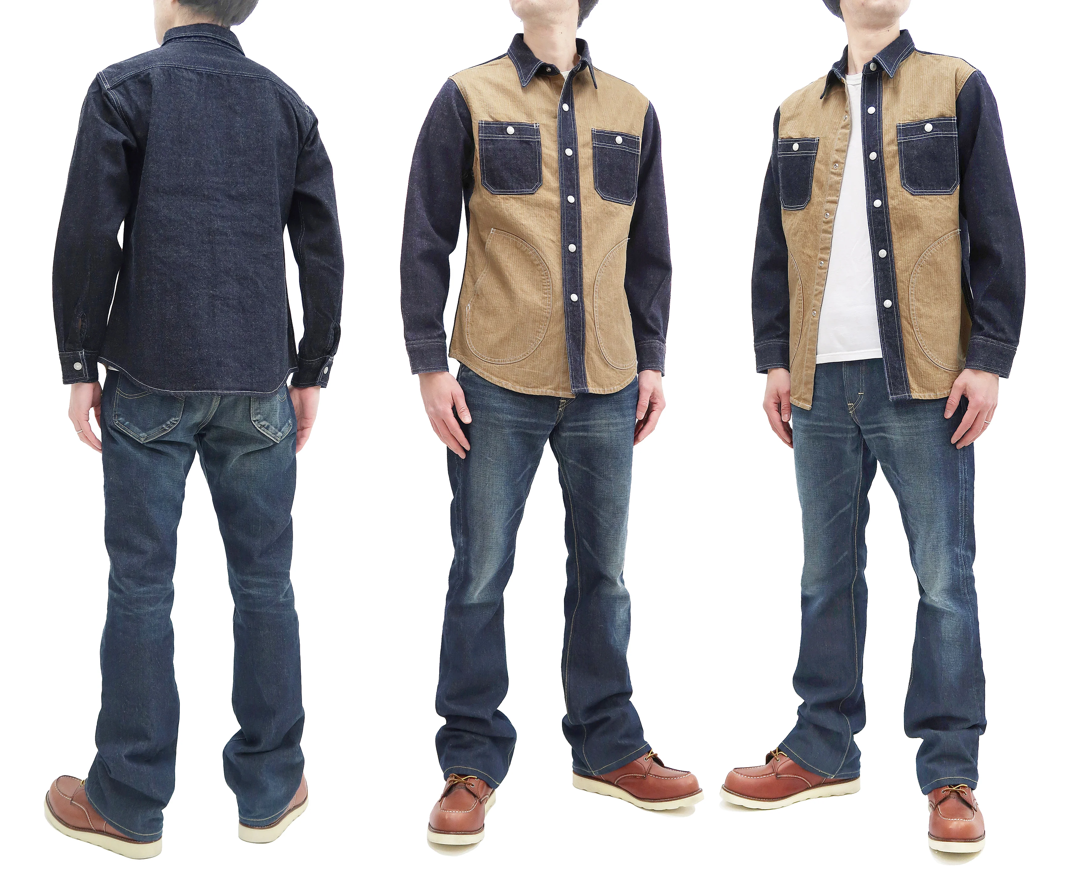 Kojima Genes Mixed Panel Shirt Men's Denim x Herringbone Long Sleeve Two Tone Button Up Shirt rnb282S RNB-282S Beige - Image 3