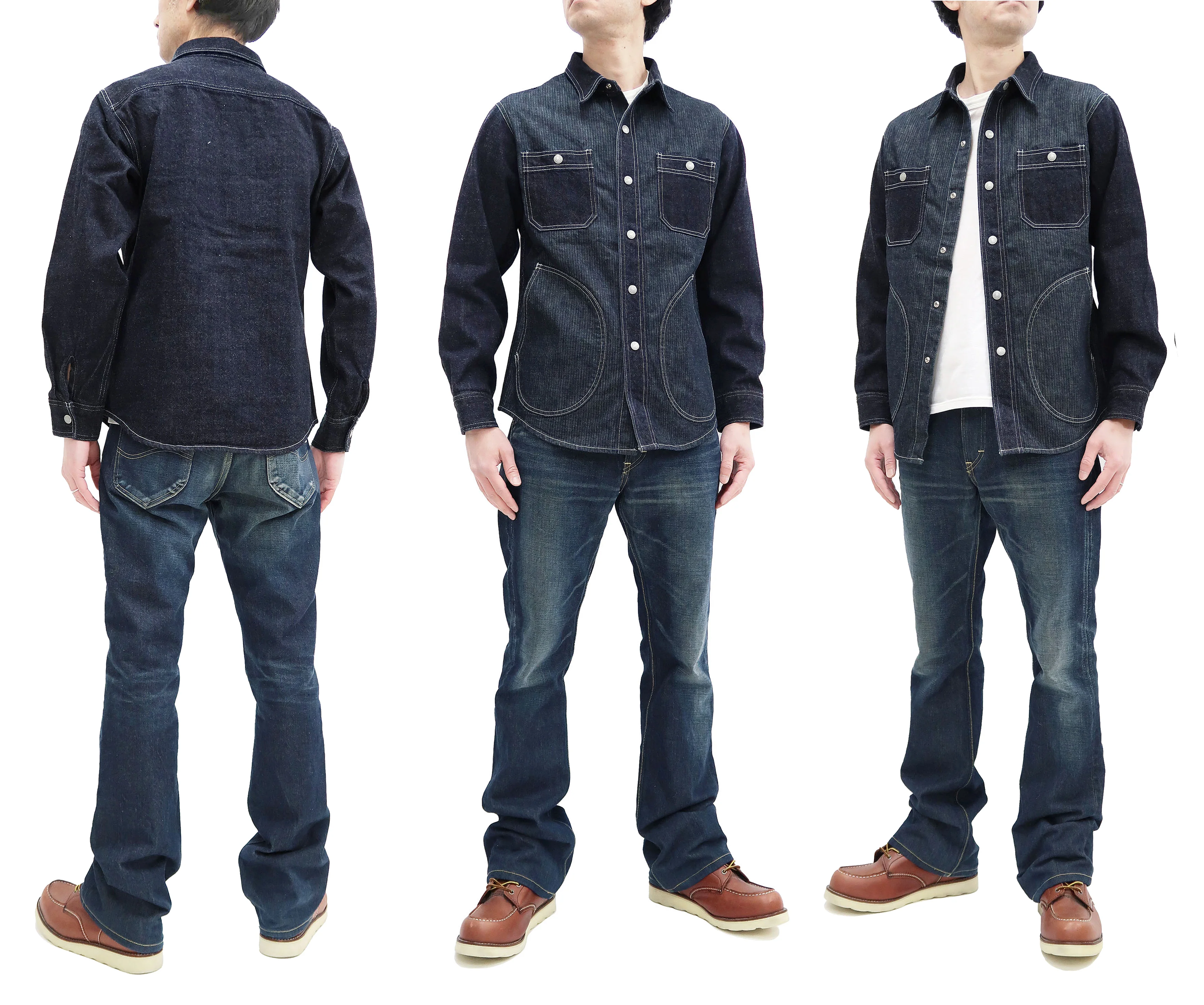 Kojima Genes Mixed Panel Shirt Men's Denim x Herringbone Long Sleeve Two Tone Button Up Shirt rnb282S RNB-282S Indigo - Image 3