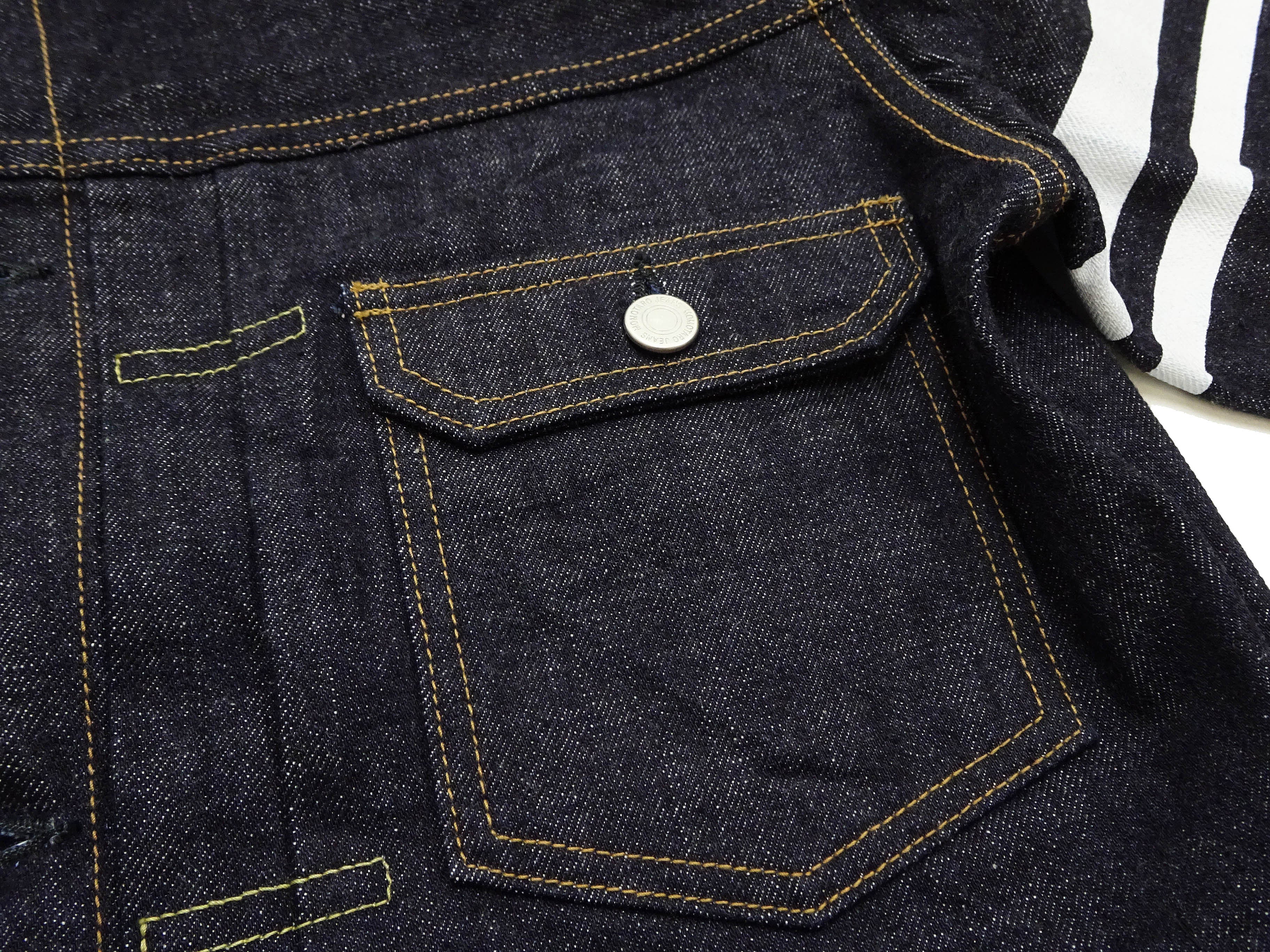 Momotaro Jeans Denim Jacket #002 with Double-Stripe Paint Men's 1953 Type 2 Style 15.7oz. Zimbabwean Cotton Deep Indigo Denim Jean Jacket MMGJ0102 One-Wash - Image 11