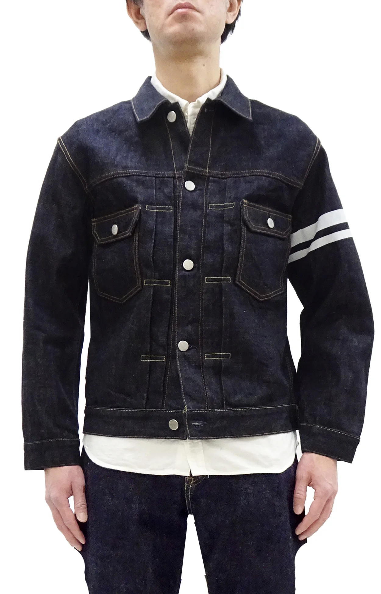 Momotaro Jeans Denim Jacket #002 with Double-Stripe Paint Men's 1953 Type 2 Style 15.7oz. Zimbabwean Cotton Deep Indigo Denim Jean Jacket MMGJ0102 One-Wash - Image 4