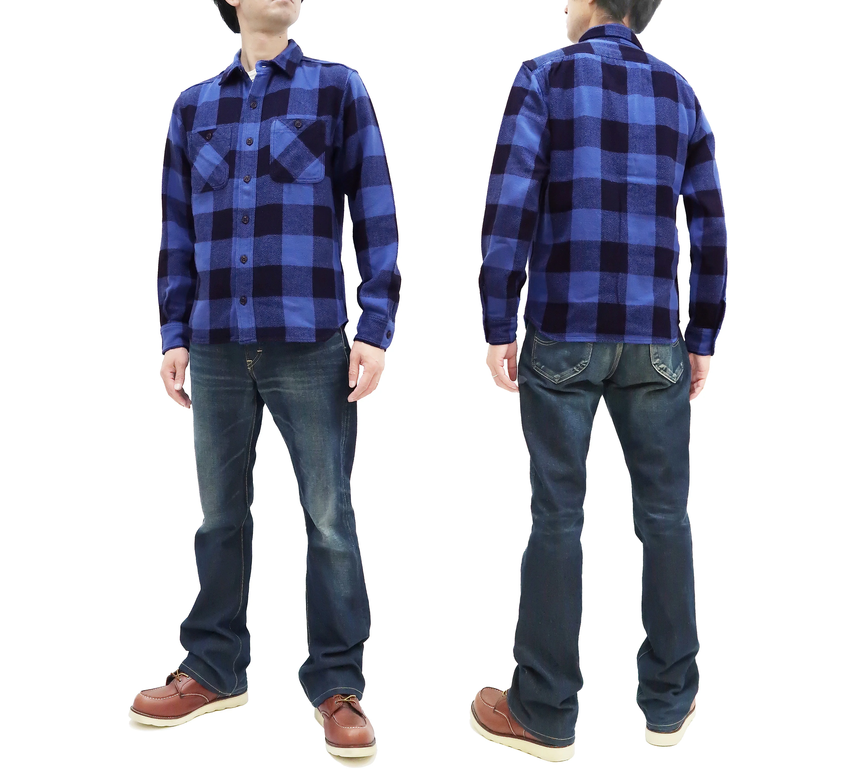 Momotaro Jeans Indigo Flannel Shirt Men's Heavy Herringbone Twill Buffalo Plaid Long Sleeve Work Shirt MLS1010M23 - Image 3