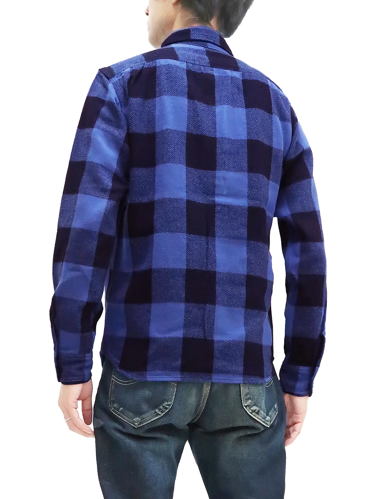 Momotaro Jeans Indigo Flannel Shirt Men's Heavy Herringbone Twill Buffalo Plaid Long Sleeve Work Shirt MLS1010M23 - Image 4