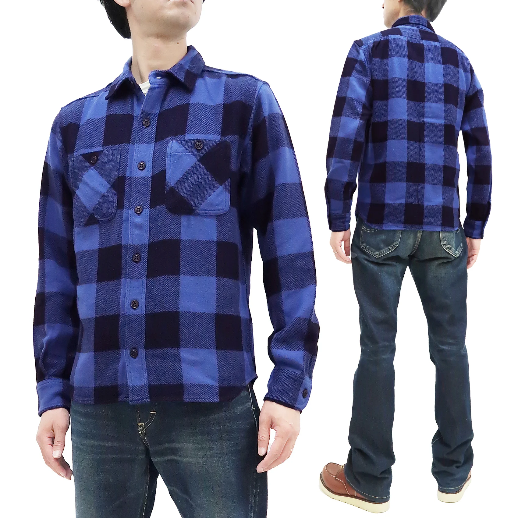 Momotaro Jeans Indigo Flannel Shirt Men's Heavy Herringbone Twill Buffalo Plaid Long Sleeve Work Shirt MLS1010M23 - Image 5
