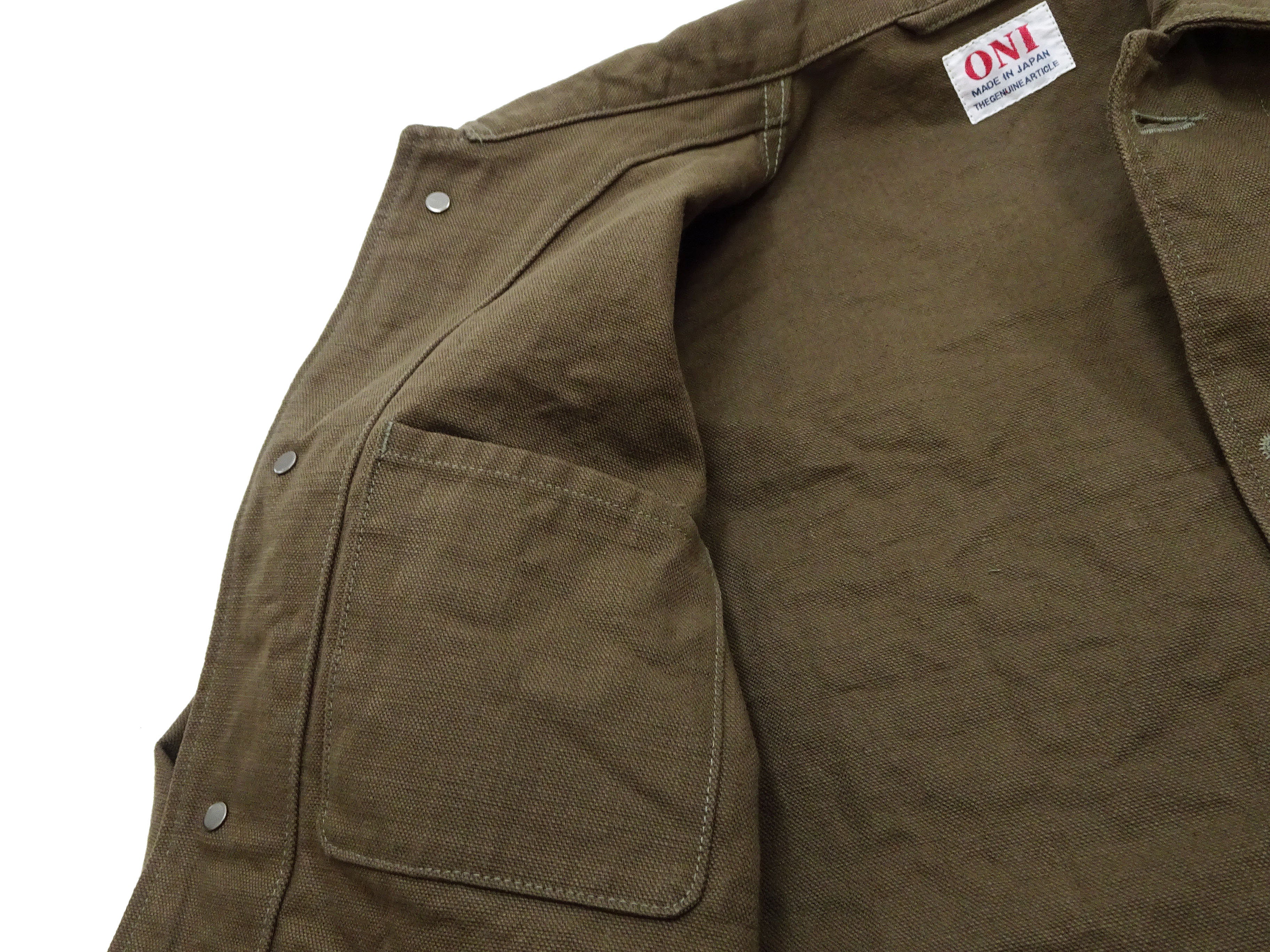 Oni Denim Chore Coat ONI-03100-HOX Men's Casual Modern-Fit Sulfur-Dyed Cotton Slub Oxford Weave Work Jacket Olive-Green One-Wash - Image 11