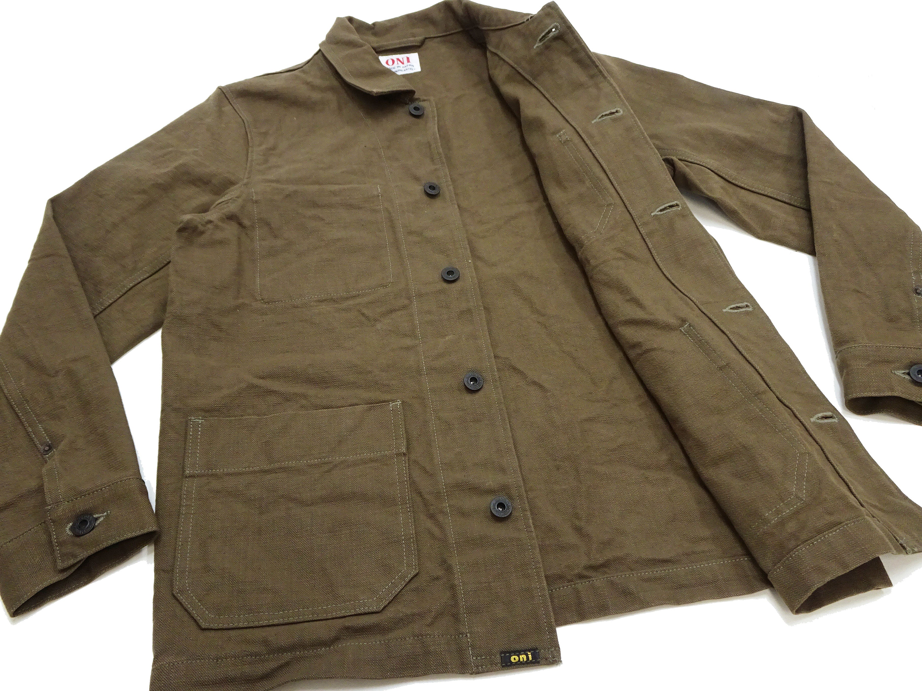 Oni Denim Chore Coat ONI-03100-HOX Men's Casual Modern-Fit Sulfur-Dyed Cotton Slub Oxford Weave Work Jacket Olive-Green One-Wash - Image 13