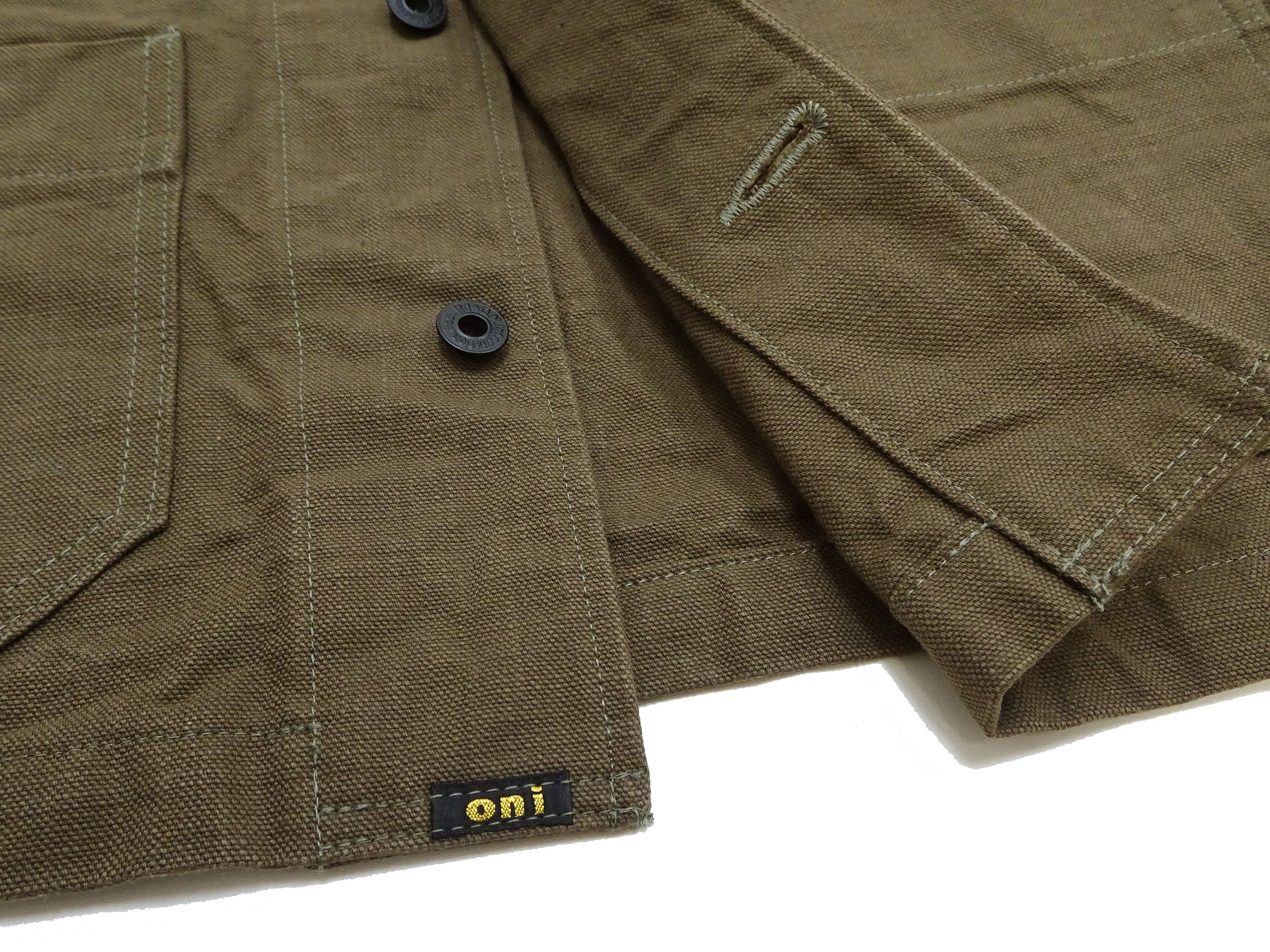 Oni Denim Chore Coat ONI-03100-HOX Men's Casual Modern-Fit Sulfur-Dyed Cotton Slub Oxford Weave Work Jacket Olive-Green One-Wash - Image 15