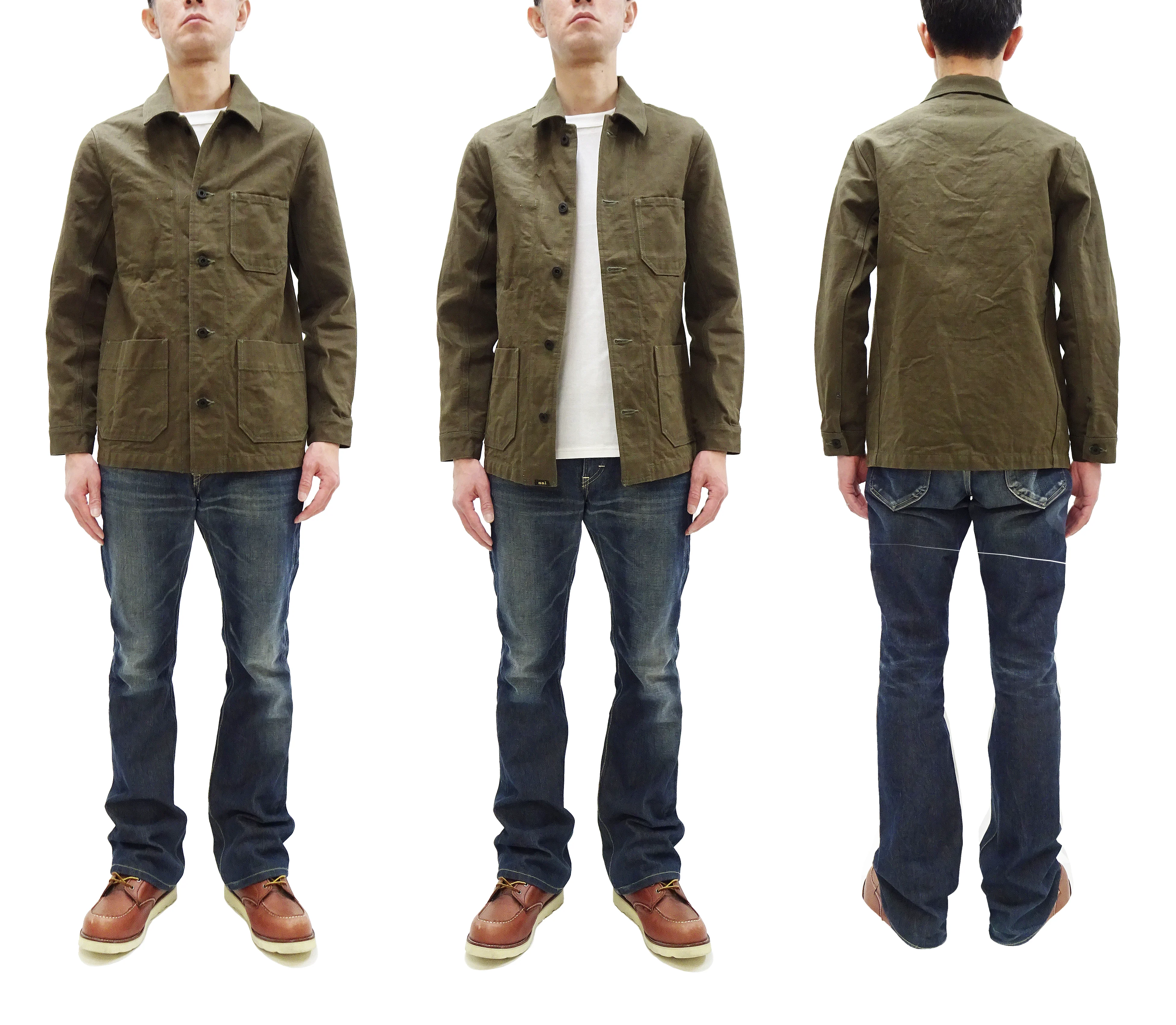 Oni Denim Chore Coat ONI-03100-HOX Men's Casual Modern-Fit Sulfur-Dyed Cotton Slub Oxford Weave Work Jacket Olive-Green One-Wash - Image 3