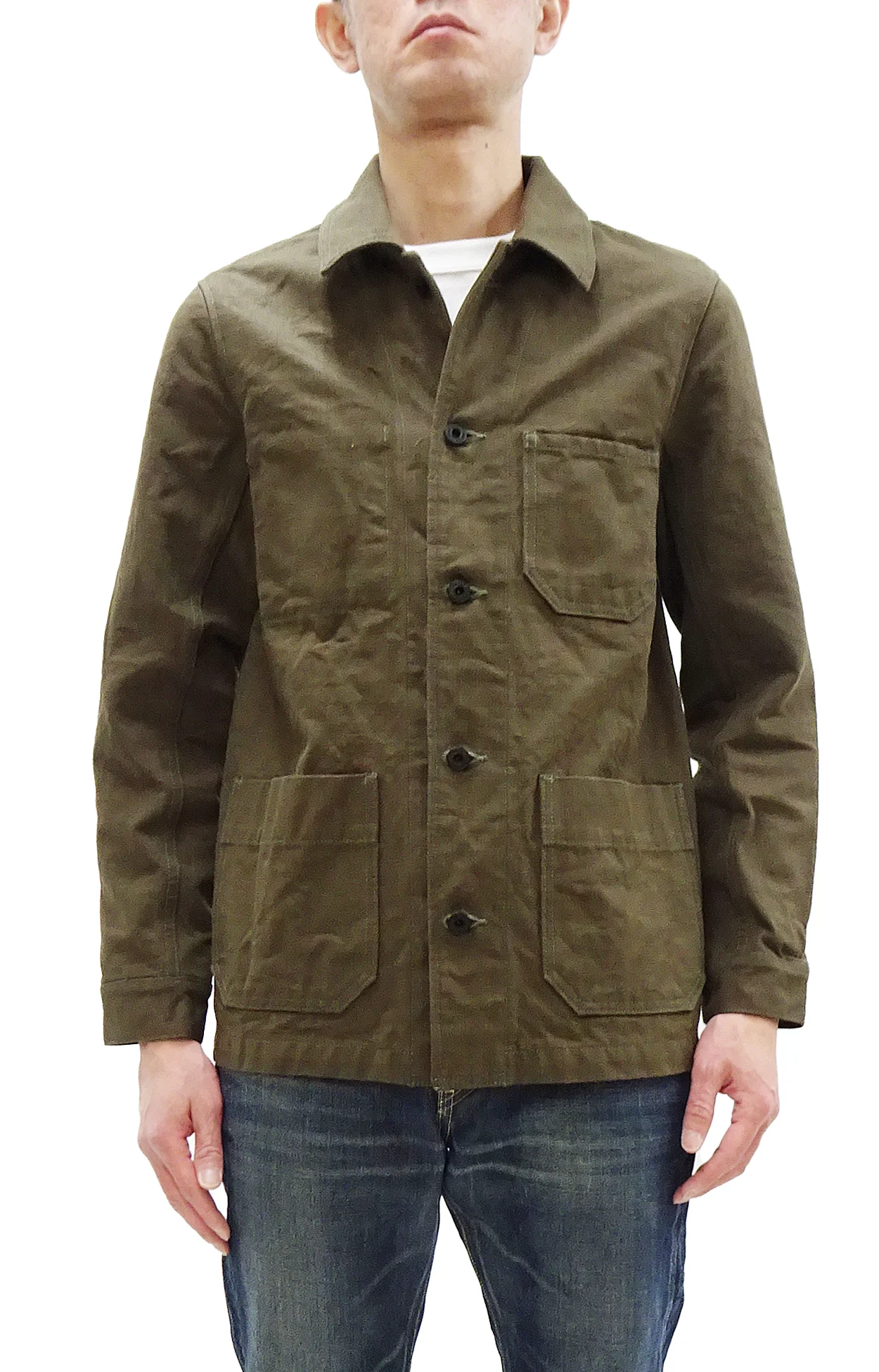 Oni Denim Chore Coat ONI-03100-HOX Men's Casual Modern-Fit Sulfur-Dyed Cotton Slub Oxford Weave Work Jacket Olive-Green One-Wash - Image 4