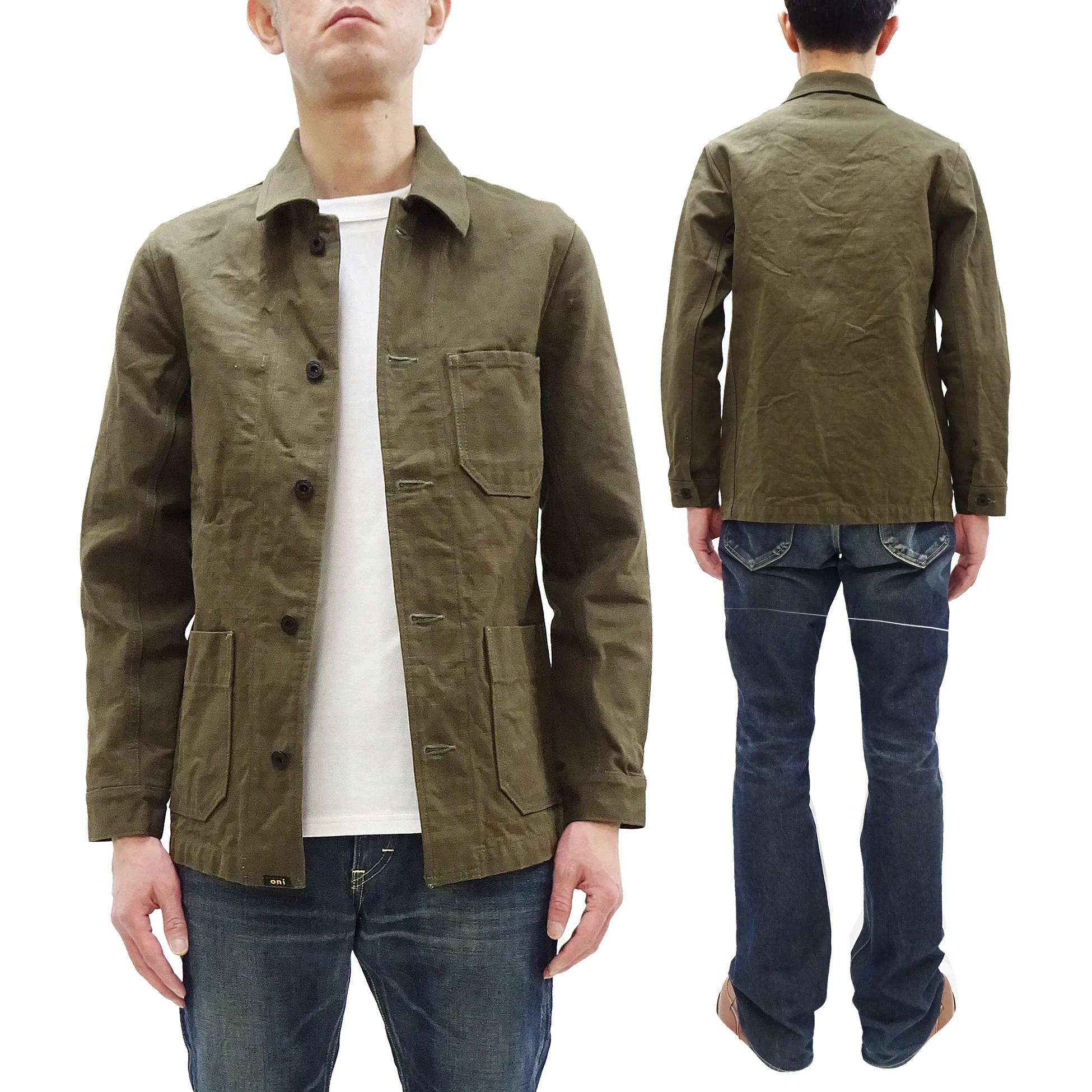 Oni Denim Chore Coat ONI-03100-HOX Men's Casual Modern-Fit Sulfur-Dyed Cotton Slub Oxford Weave Work Jacket Olive-Green One-Wash - Image 6
