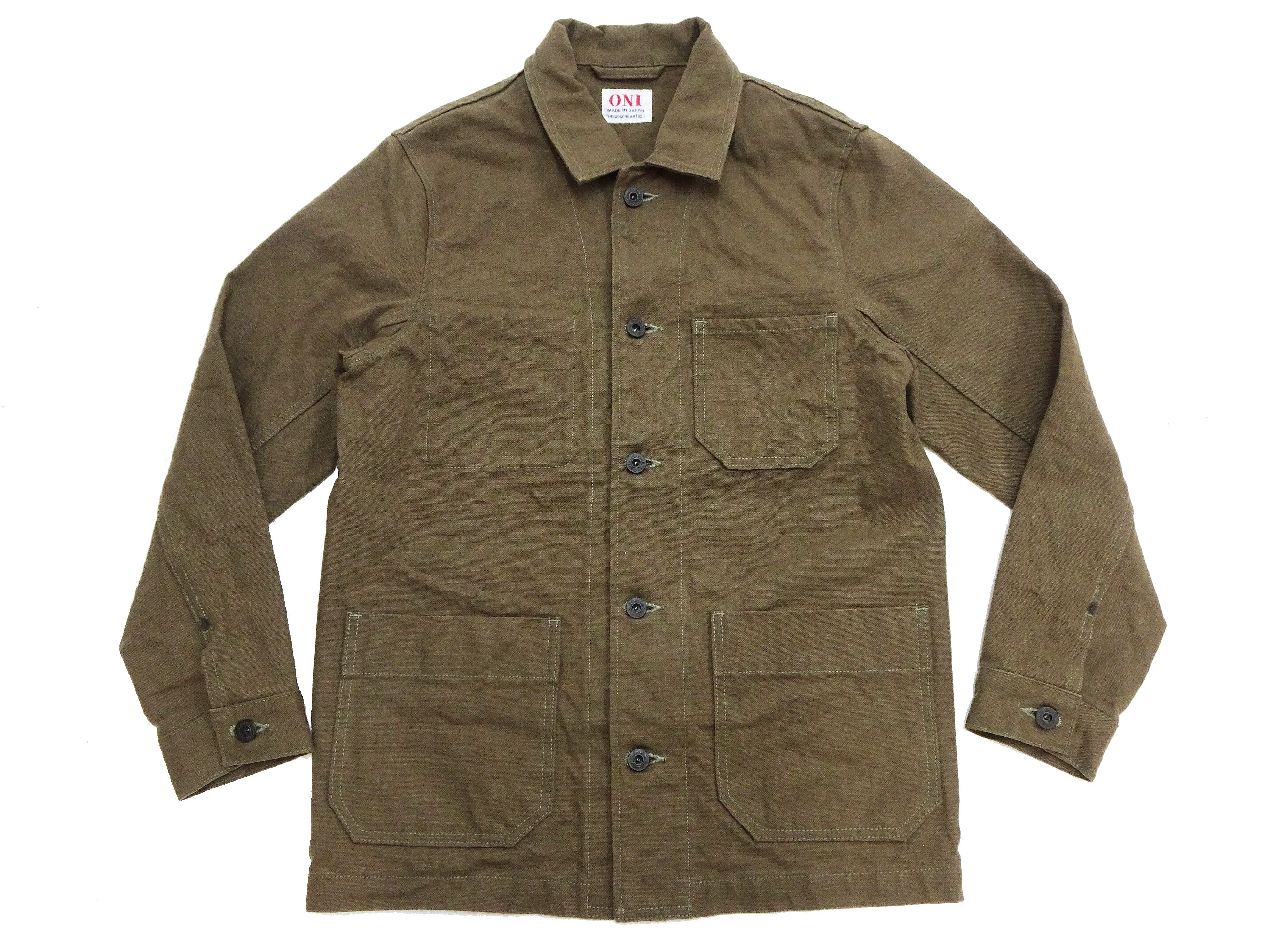 Oni Denim Chore Coat ONI-03100-HOX Men's Casual Modern-Fit Sulfur-Dyed Cotton Slub Oxford Weave Work Jacket Olive-Green One-Wash - Image 7