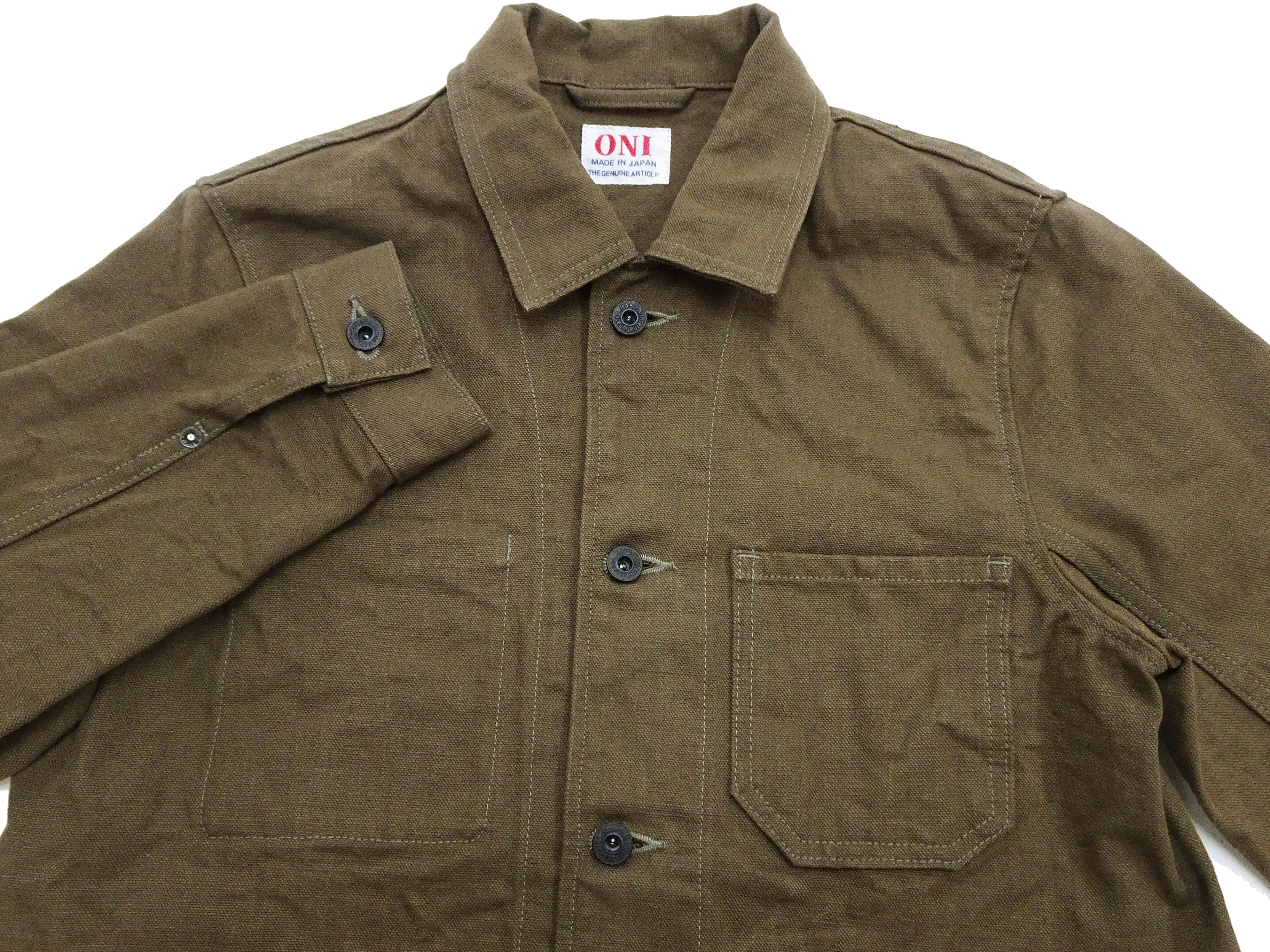 Oni Denim Chore Coat ONI-03100-HOX Men's Casual Modern-Fit Sulfur-Dyed Cotton Slub Oxford Weave Work Jacket Olive-Green One-Wash - Image 8